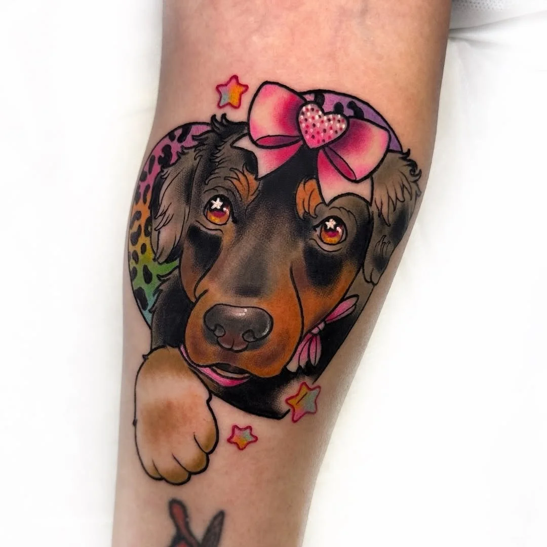 Pet portrait by resident artist @kurrstradamus
&bull;
Doggo portrait with Lisa Frank background! 🌈💕🐾
More pet portraits please :)) 
@folkloretattoocompany #lisafrank #90s #colortattoos #glittertattoo #dfwtattoo #dallastattooartist #cutetattoos