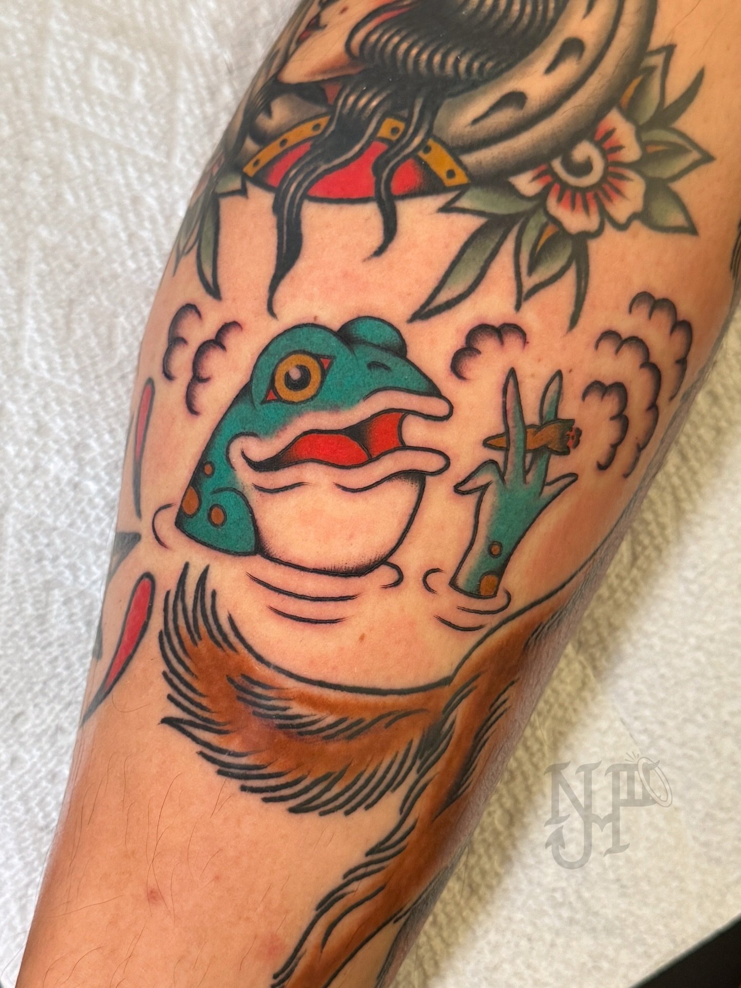Frog tattoo by resident artist @narythe3rd
&bull;
Sorry I haven&rsquo;t posted in a minute. I&rsquo;ve been busy. Anyways, here&rsquo;s a couple tats I made for my homie, and assistant @constant_headache 

*I ONLY HAVE A COUPLE FEBUARY DATES AVAILABL