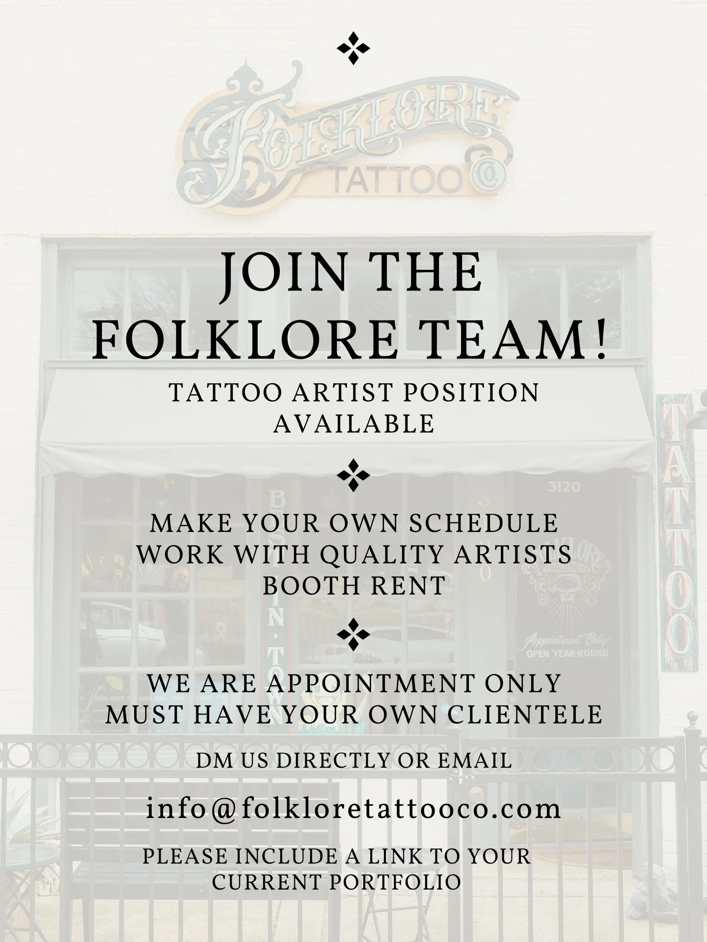Great news! We have a position available for an experienced tattoo artist here at Folklore Tattoo Company in Dallas, TX. We are so sad to see Alex leave because we have loved having him as part of our crew, but are so excited for him as he opens his 