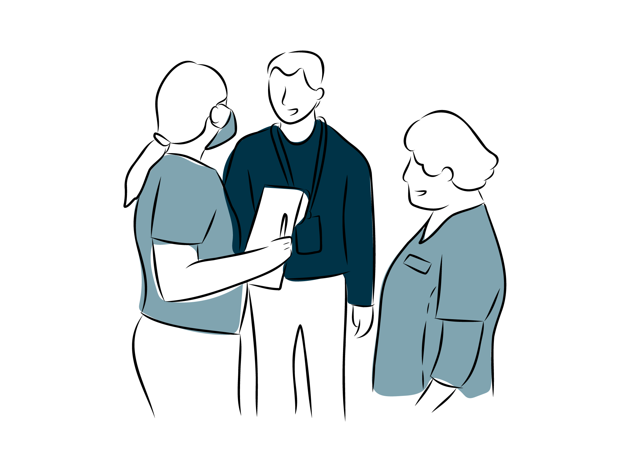 Sketch of staff communicating with each other.