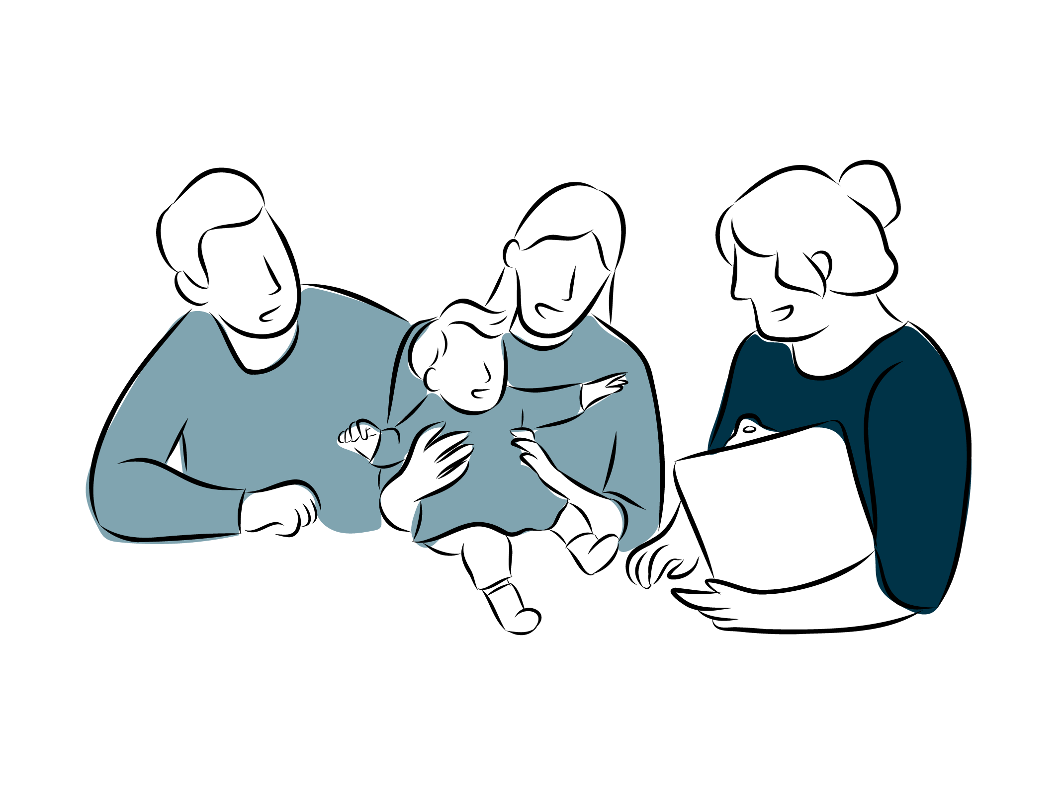 Sketch of a young family and a non-profit staff member.