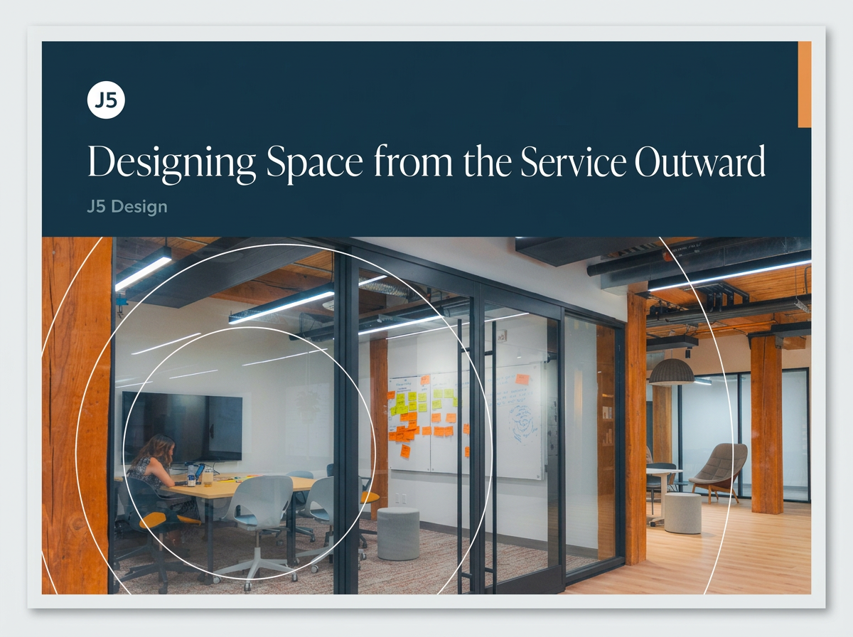 Cover slide for a presentation titled 'Designing Space from the Service Outward' with an interior photo of a modern office space featuring glass partitions, a meeting room, a whiteboard with colorful sticky notes, and casual seating areas.