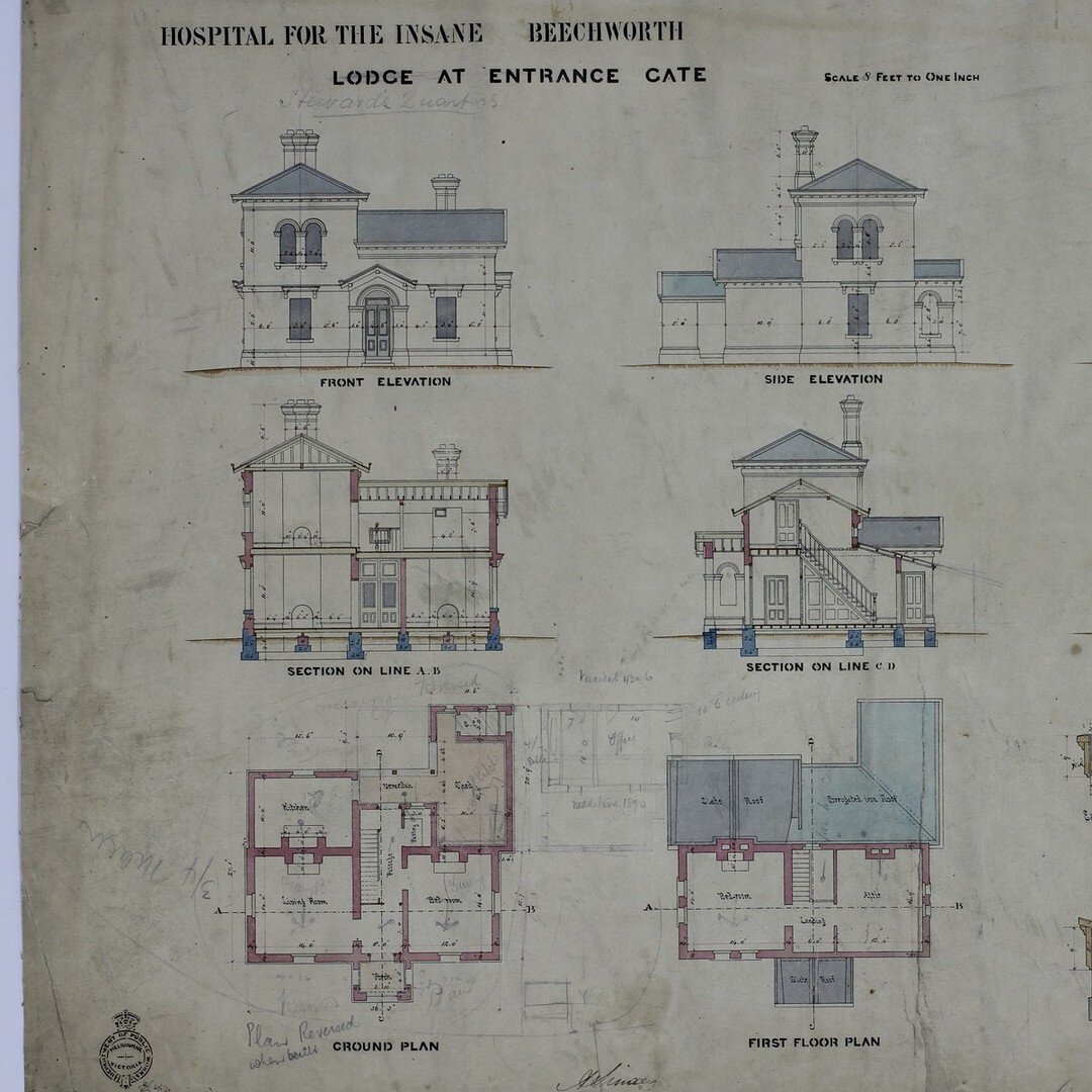 'Lodge at Entrance Gate' Beechworth Asylum, 1867

The plan has been amended at some point to say 'Stewards quarters'. Anyone familiar with the building will notice that what was built is a mirror image of the plan. Notation shows 'Plan reversed when 