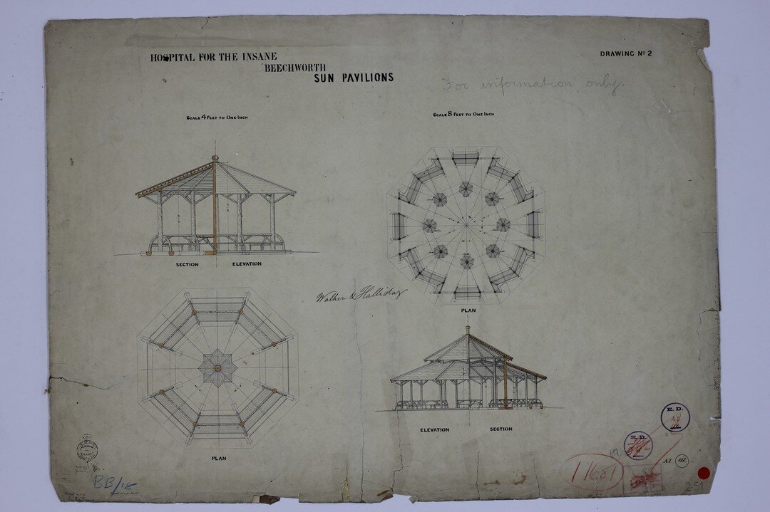 'Beechworth Hospital for the Insane Sun Pavilions; Drawing No.2', 1870

This plan is dated 1870, but I suspect it is from the previous year as a mention of the plans being available is made in the local paper in May 1869. The 1870 comes from a notati