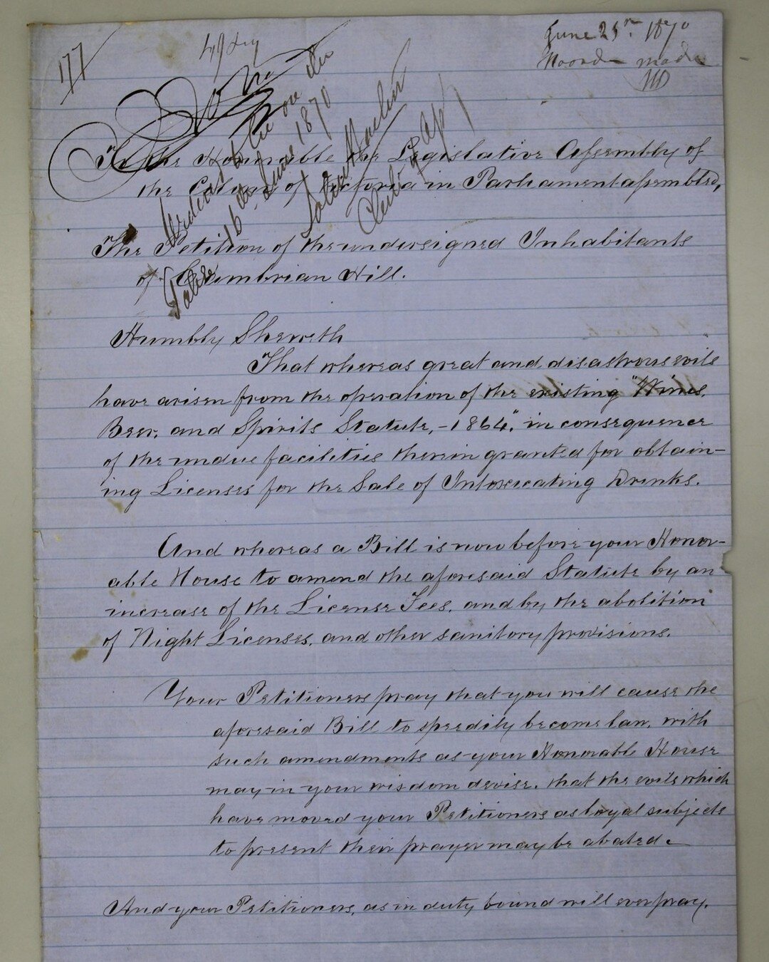 Cambrian Hill, June 1870

&quot;That whereas great and disastrous evils have arisen from the operation of the existing 'Wines, Beer and Spirits Statute 1864', in consequence of the undue facilities therein granted for obtaining licenses for the sale 