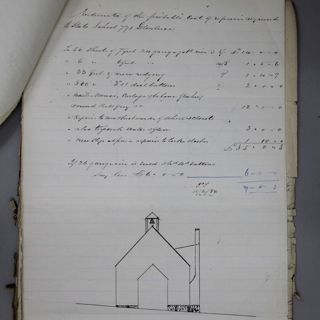 Glenluce, 1880

&quot;Estimate of cost of repairs required to State School 771 Glenluce&quot;

With a little sketch of the building included.