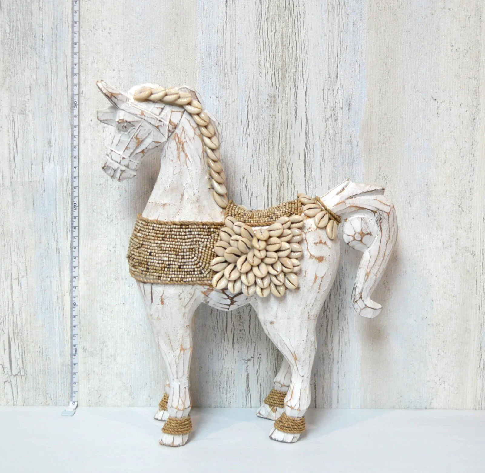 Hand carved wooden Horse with shell decoration White Wash