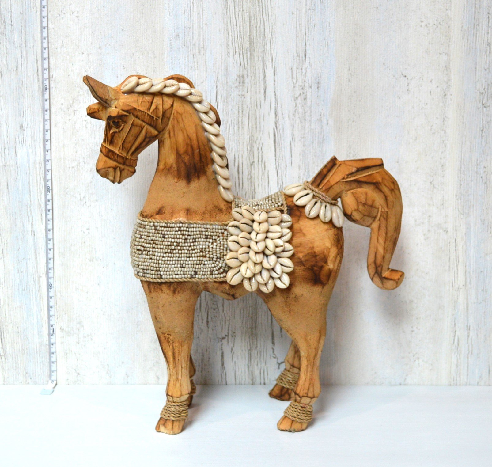 Handcrafted Wooden Horse with Bead & Shell Detailing - Natural