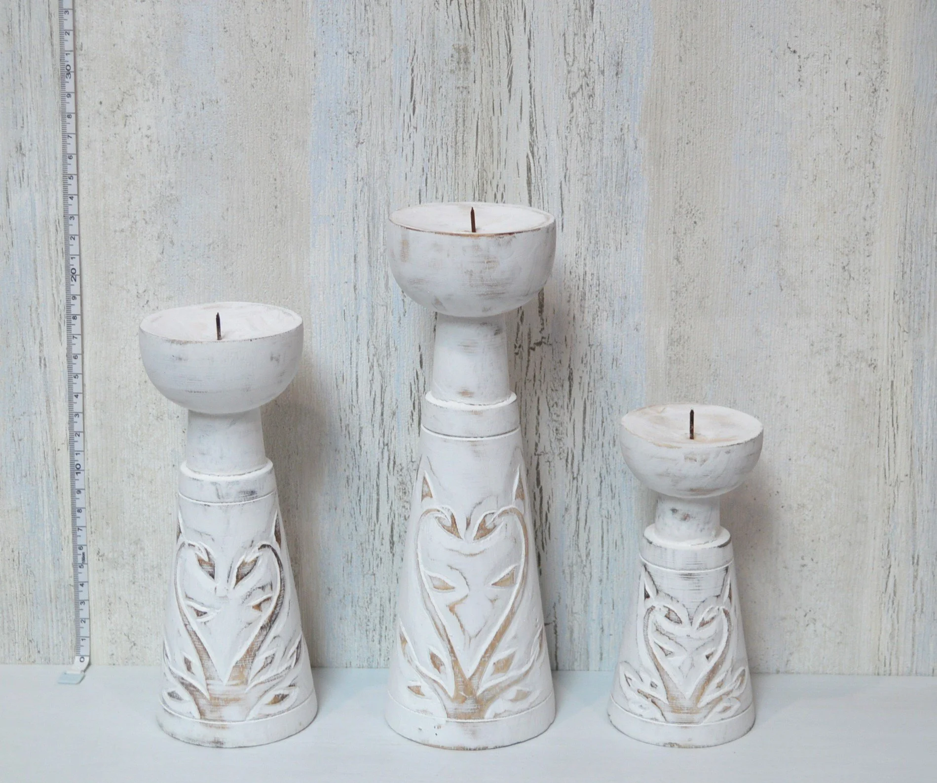 Set of 3 White Wash Candle Holders