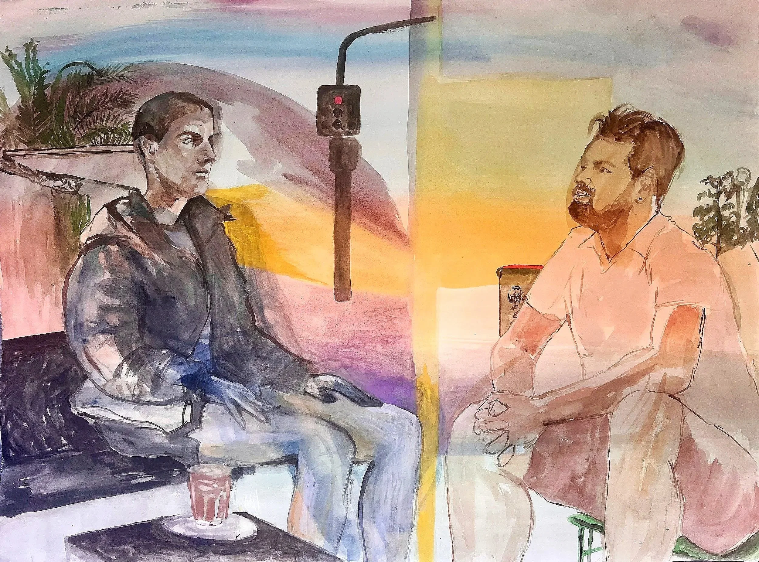 Job Interview (Welcomed AI Candidate Knows The Sickle From The Scythe), 2025, Watercolour on paper, 56.9 x 76.6cm