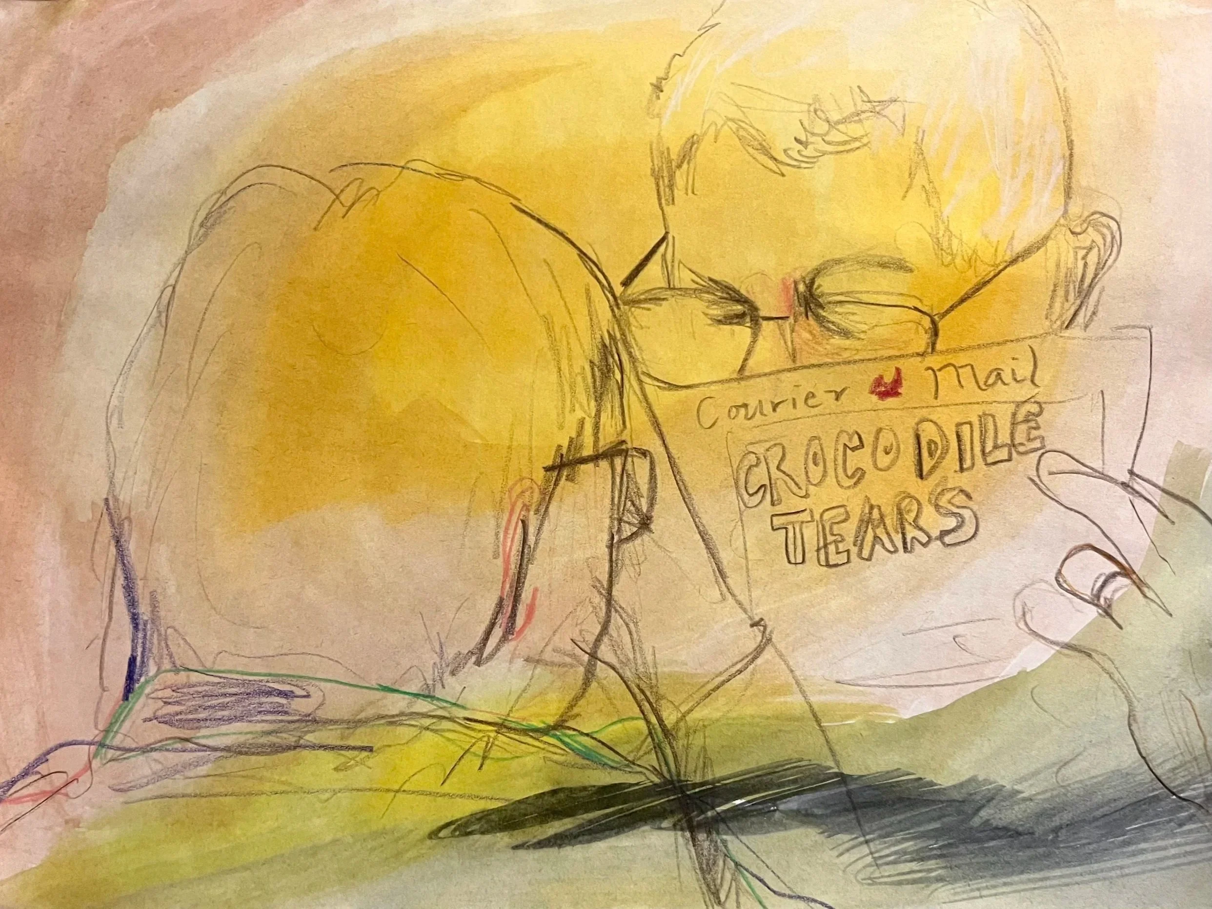 Crocodile Tears; 2022, Watercolour and coloured pencil on paper, 21.5 x 28cm, $60.00