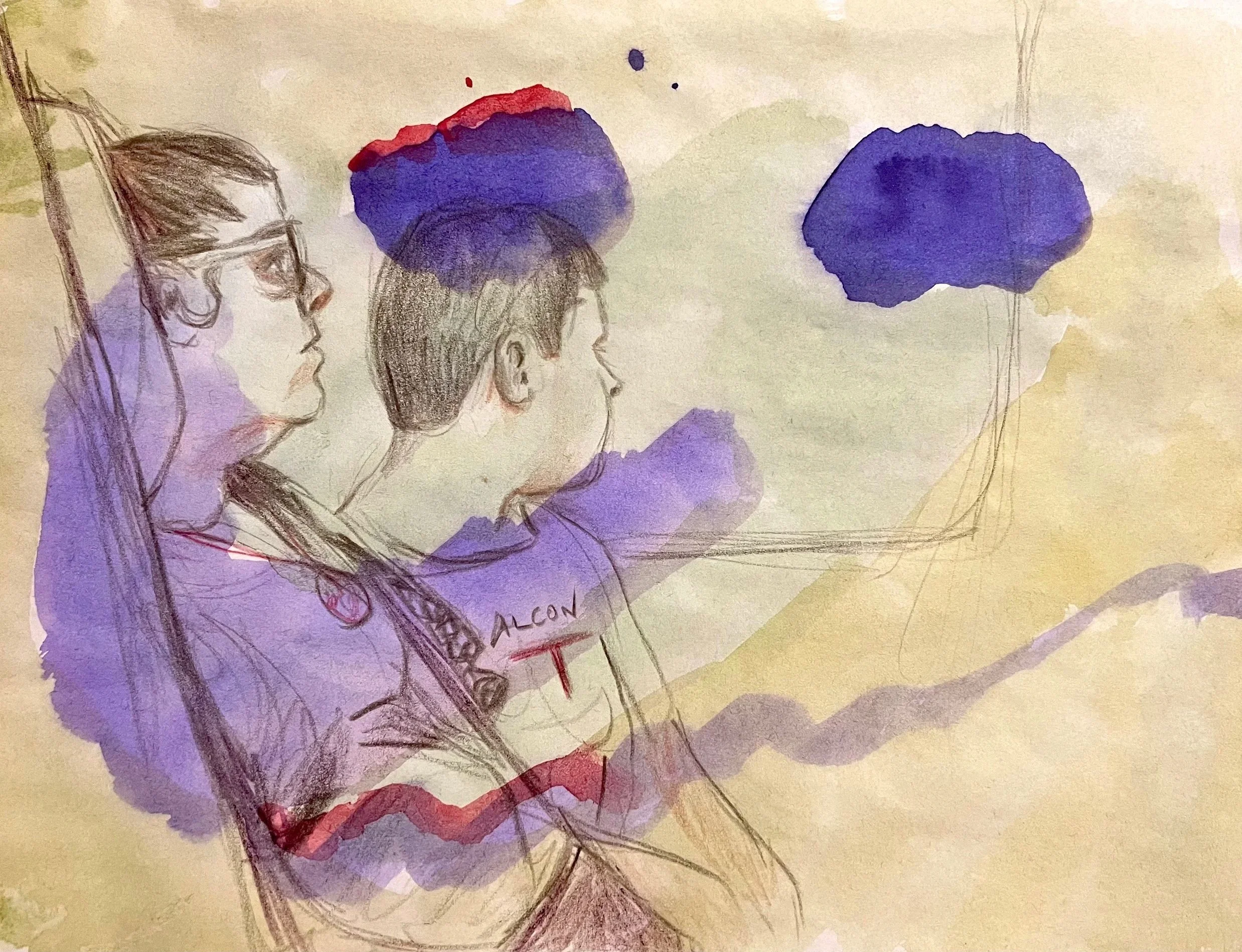 Public Transport, Watercolour and coloured pencil on paper, 21.5 x 28cm, $40.00