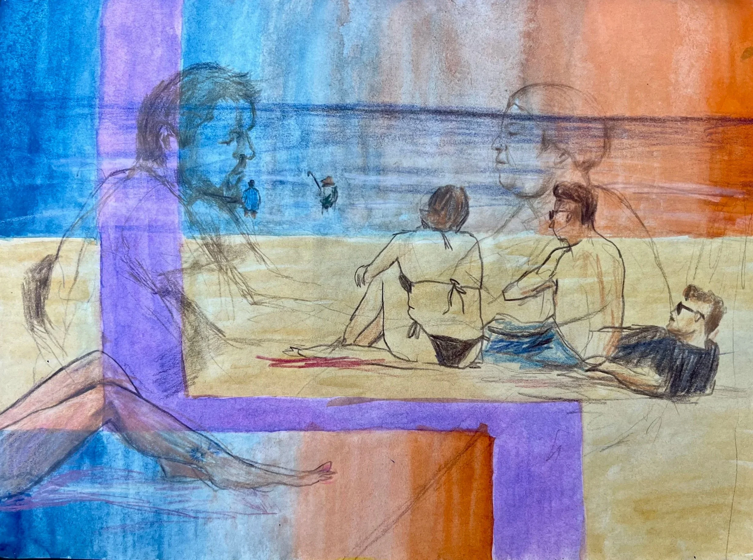 Beach Scene, Watercolour and coloured pencil on paper, 21.5 x 28cm, $60.00