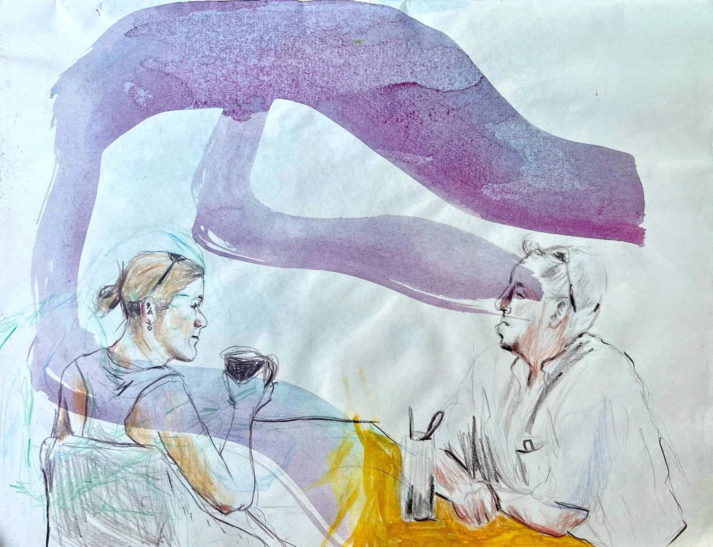 Meet, Watercolour and coloured pencil on paper, 21.5 x 28cm, $60.00