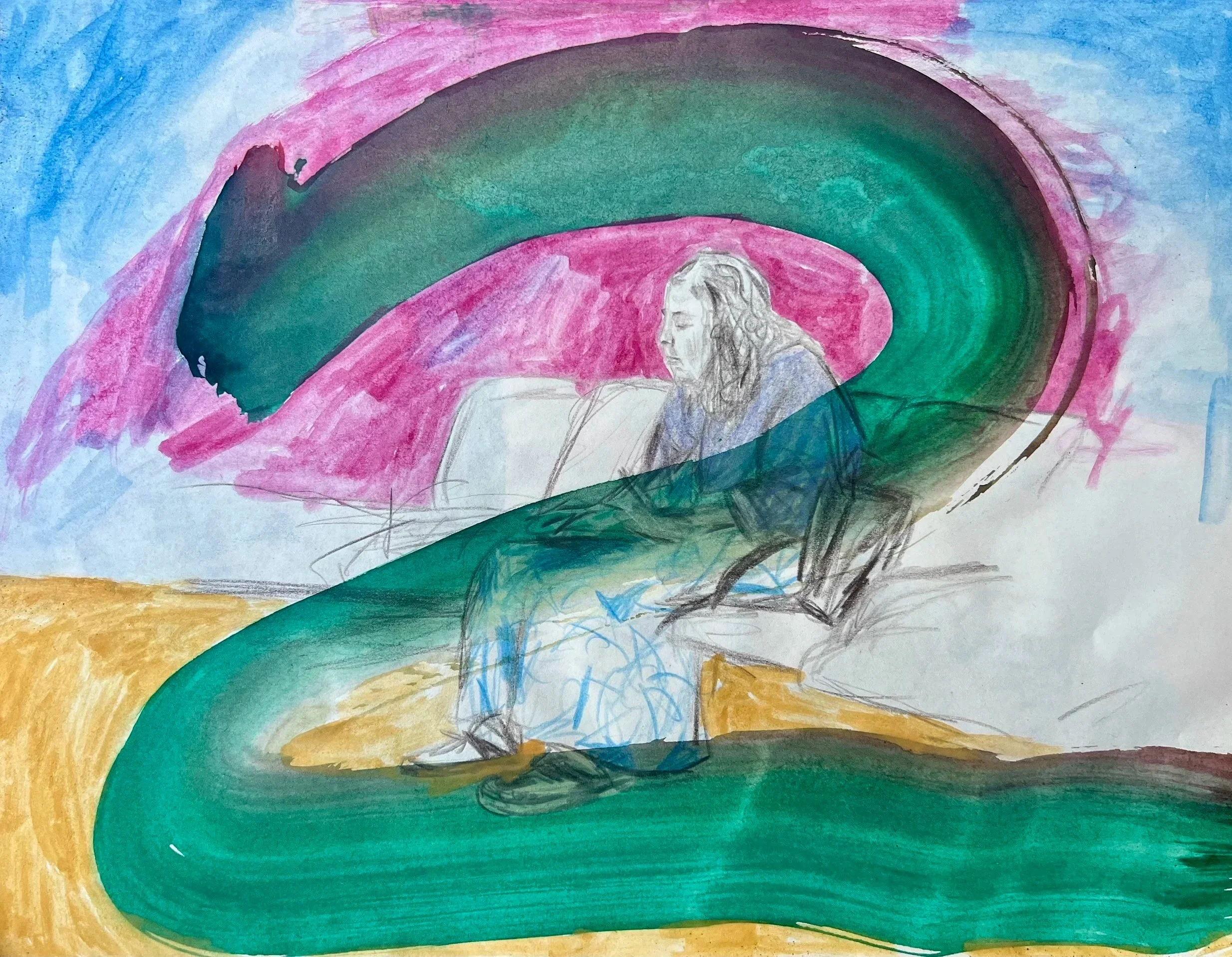 Traveller, Watercolour and coloured pencil on paper, 21.5 x 28cm, $40.00