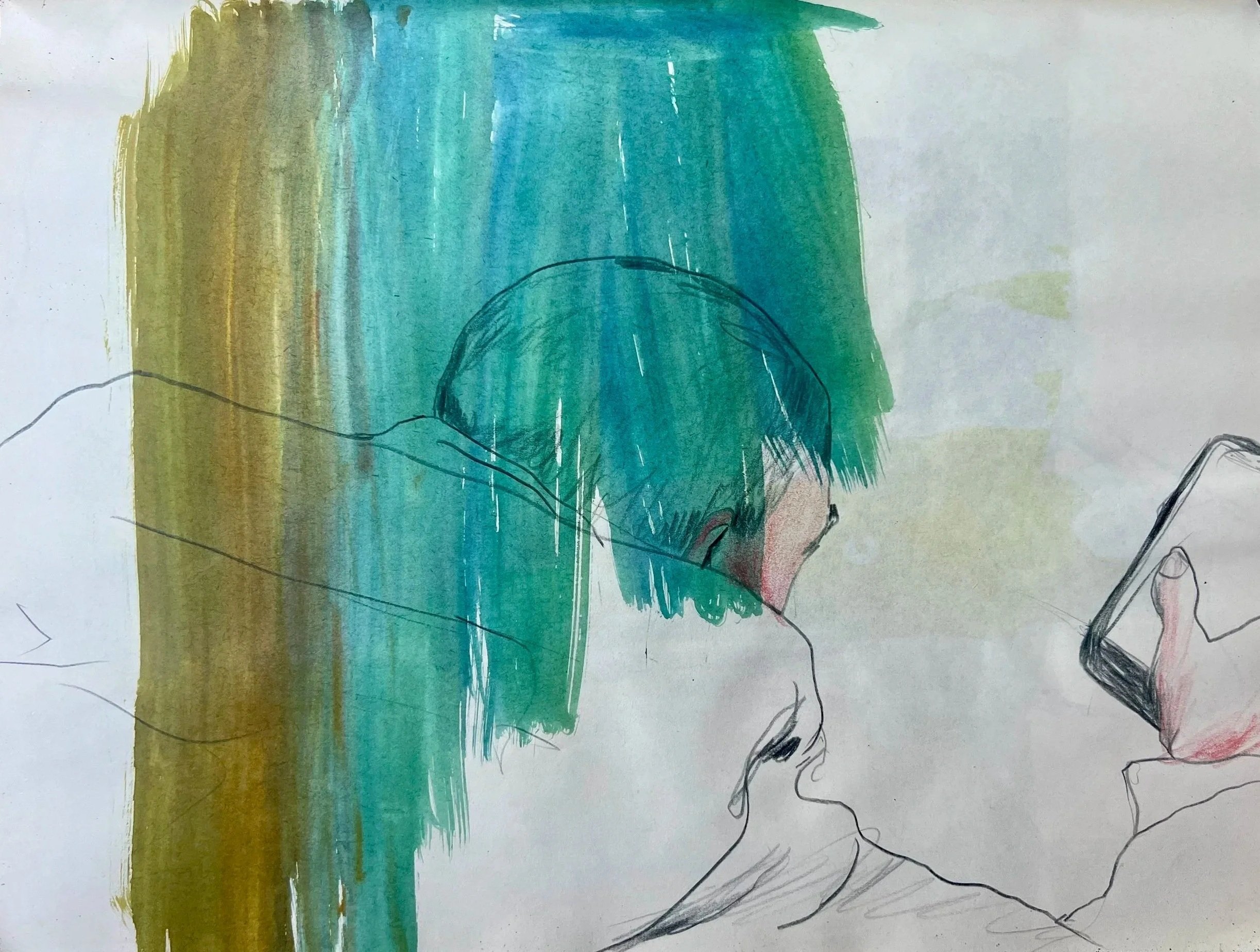 Phone, Watercolour and coloured pencil on paper, 21.5 x 28cm, $60.00