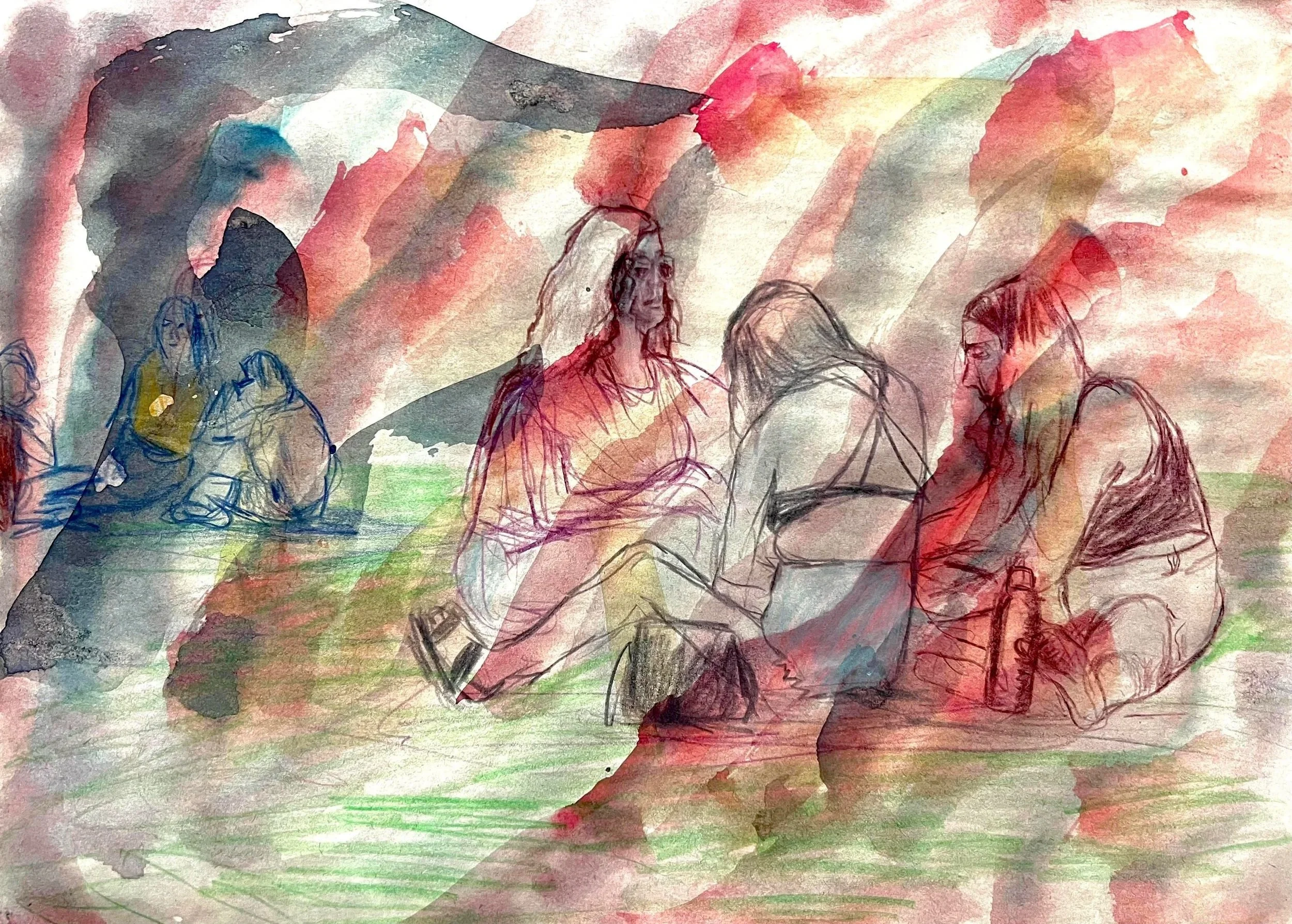 Gather, Watercolour and coloured pencil on paper, 21.5 x 28cm, $40.00