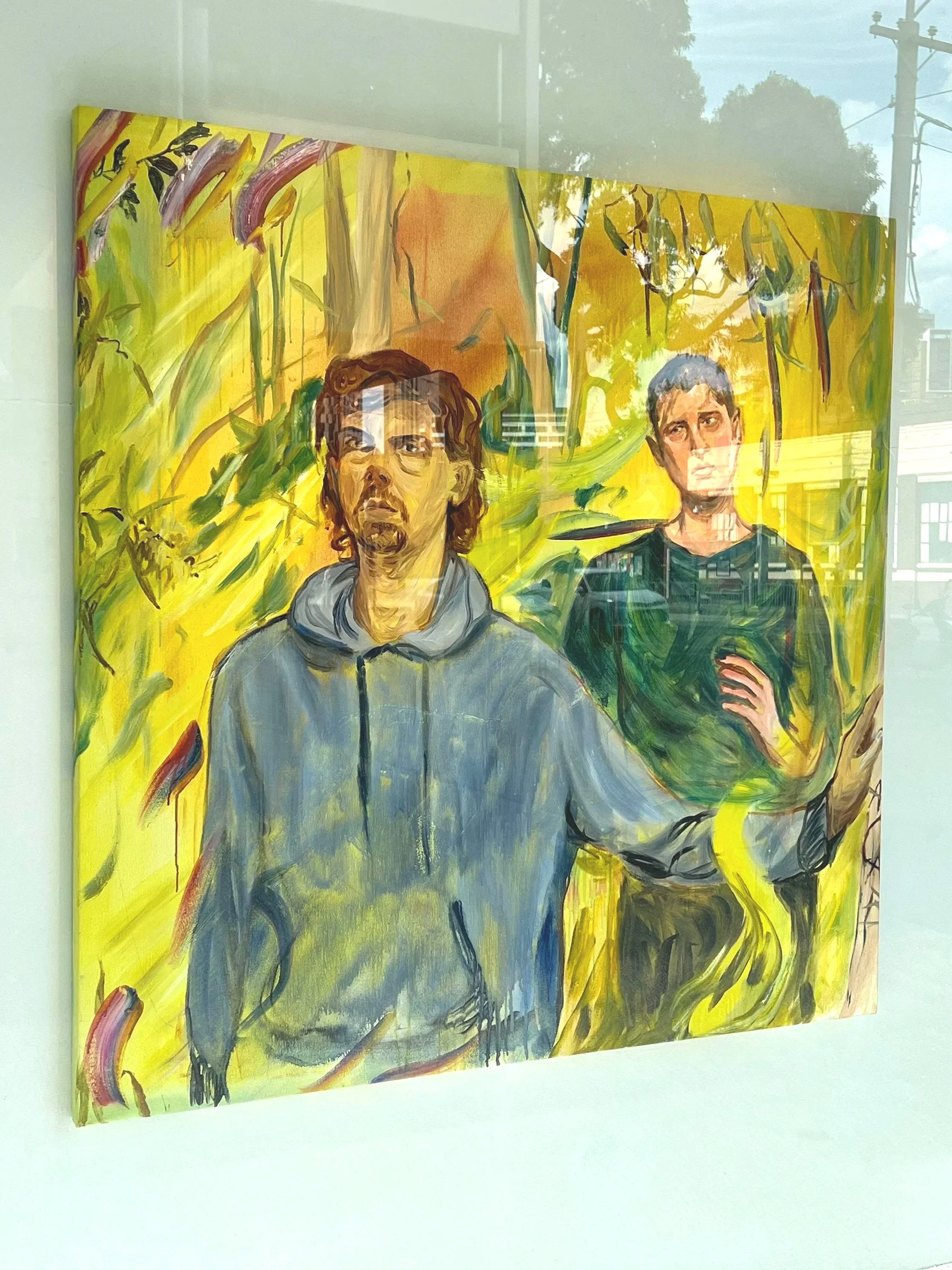 Bushwalk - Discussing the "Alt Right"; 2023, Oil on canvas, 117 x 115 cm, $4,000