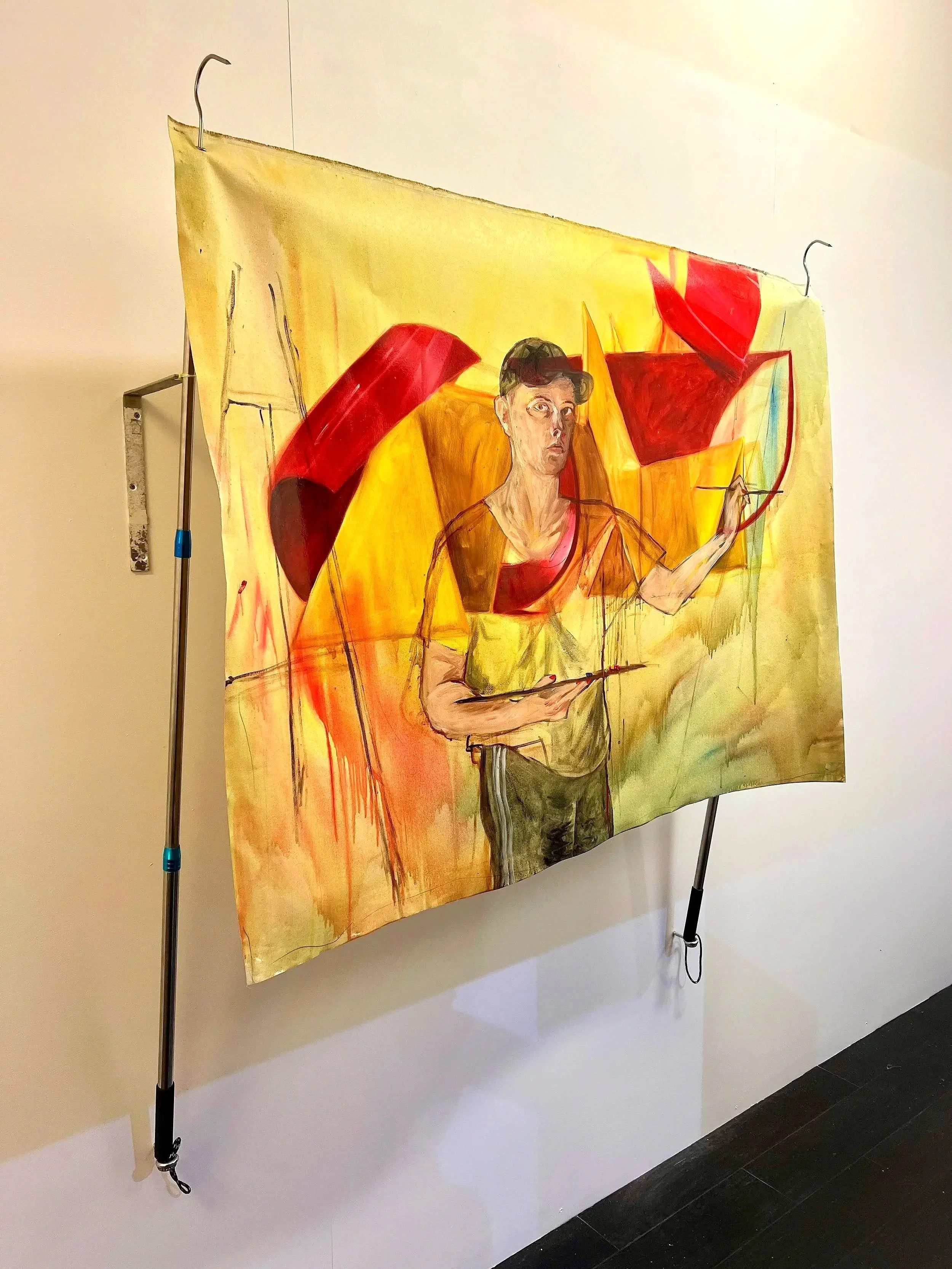 Lilacs Out Of The Dead Land; 2024, Oil on canvas, fishing spears with hook attachments, bottle caps, Dimensions Variable