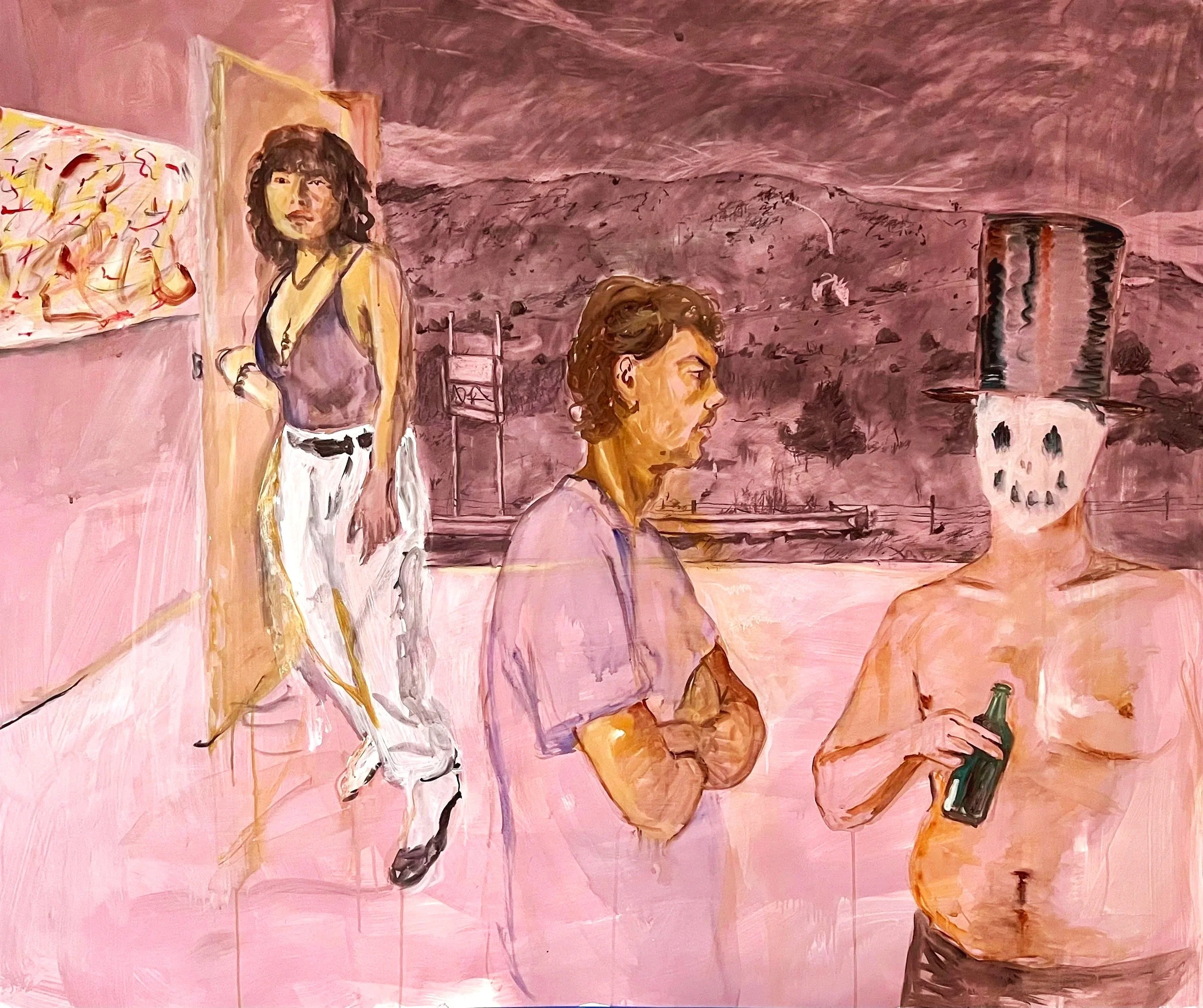 Poet At The Party, 2025, Acrylic, Charcoal and Watercolour on paper, 151 x 177cm, $7,500