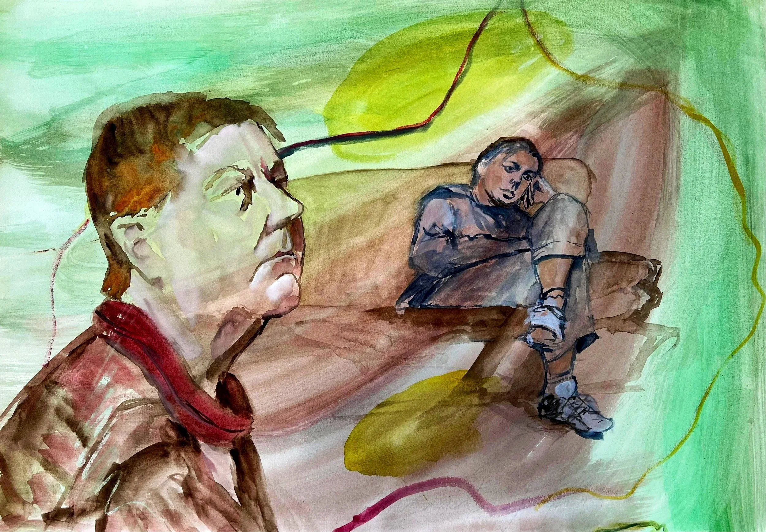 Election results on TV. Mother and Child; 2023,
Watercolour on paper, 41.7 x 59.3 cm