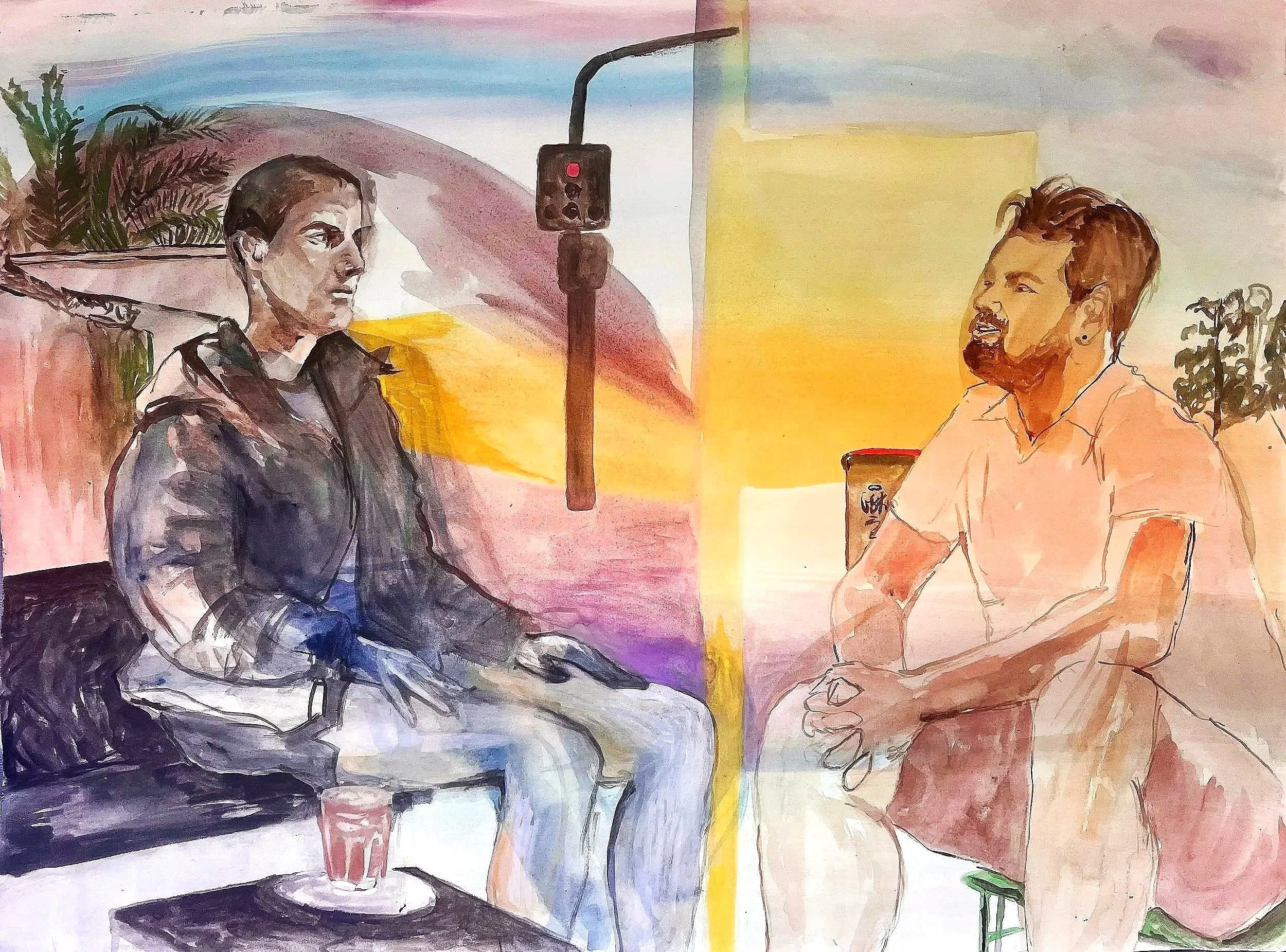 Job Interview (Welcomed AI Candidate Knows The Sickle From The Scythe), 2025, Watercolour on paper, 56.9 x 76.6cm