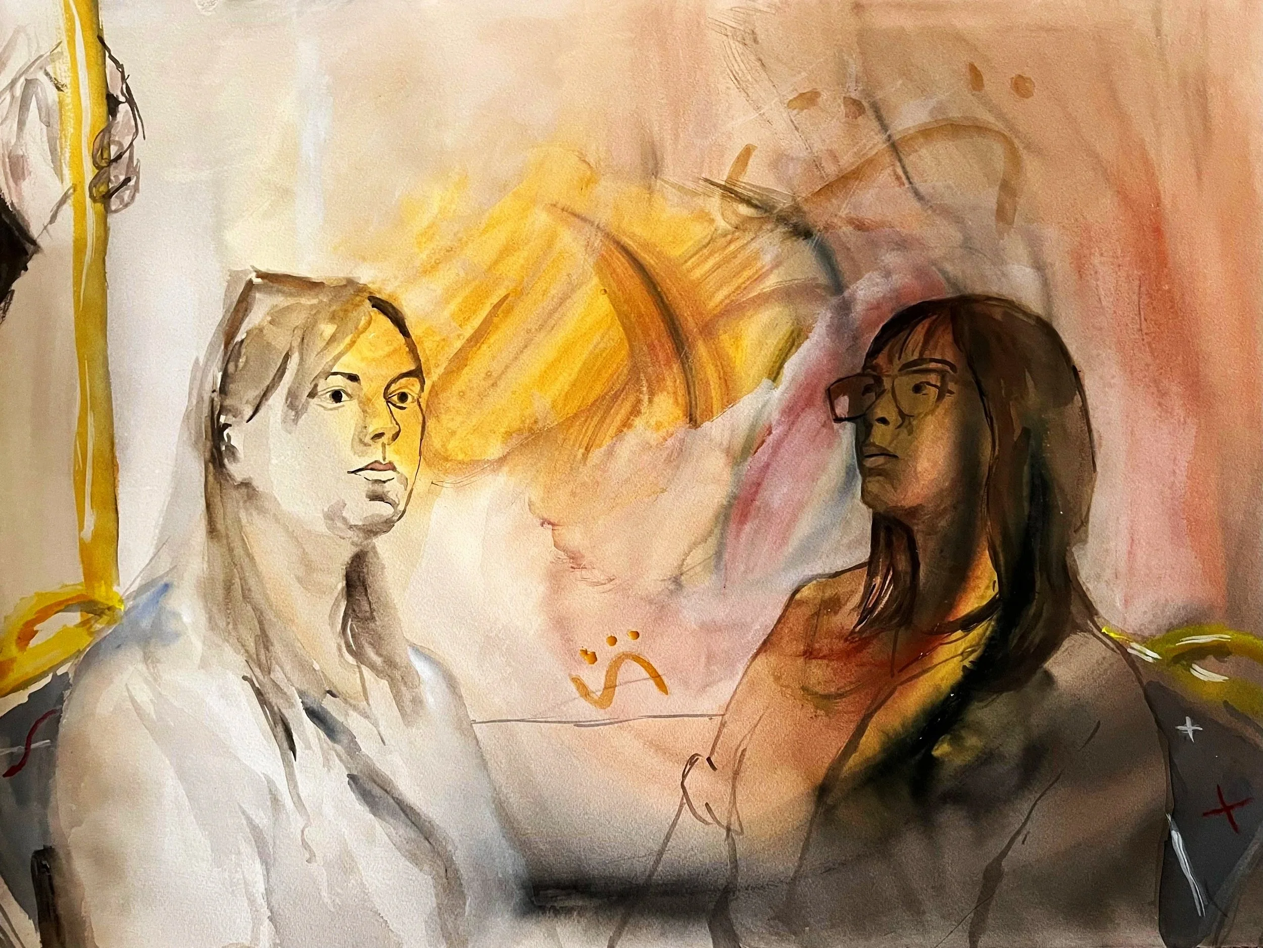 Tragicomedy; 2023, Watercolour on paper, 56.9 x 76.6cm, $550