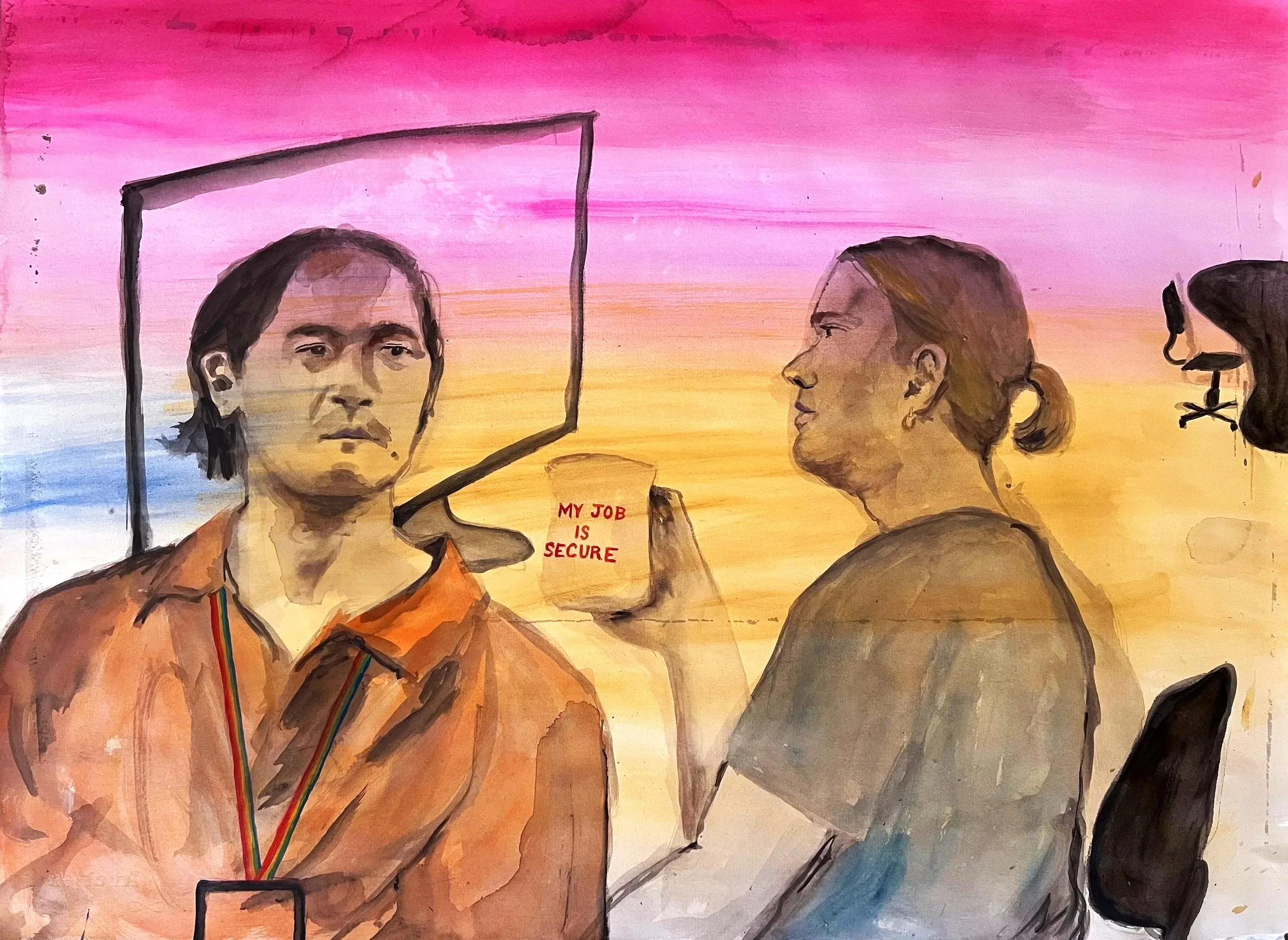 A More Comfortable Life and a Steady Salary; 2024, Watercolour on paper, 56.9 x 76.7cm, $950 (framed)