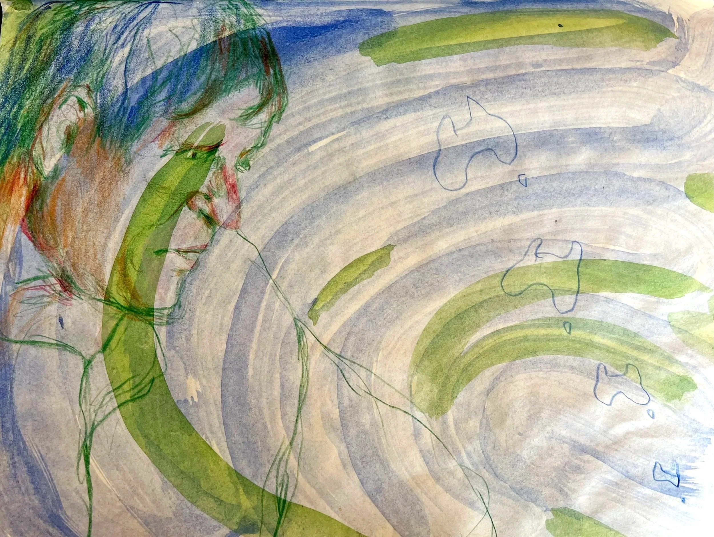 The road to where we already are; 2023, watercolour and colour pencil on paper, 21.5 x 28cm