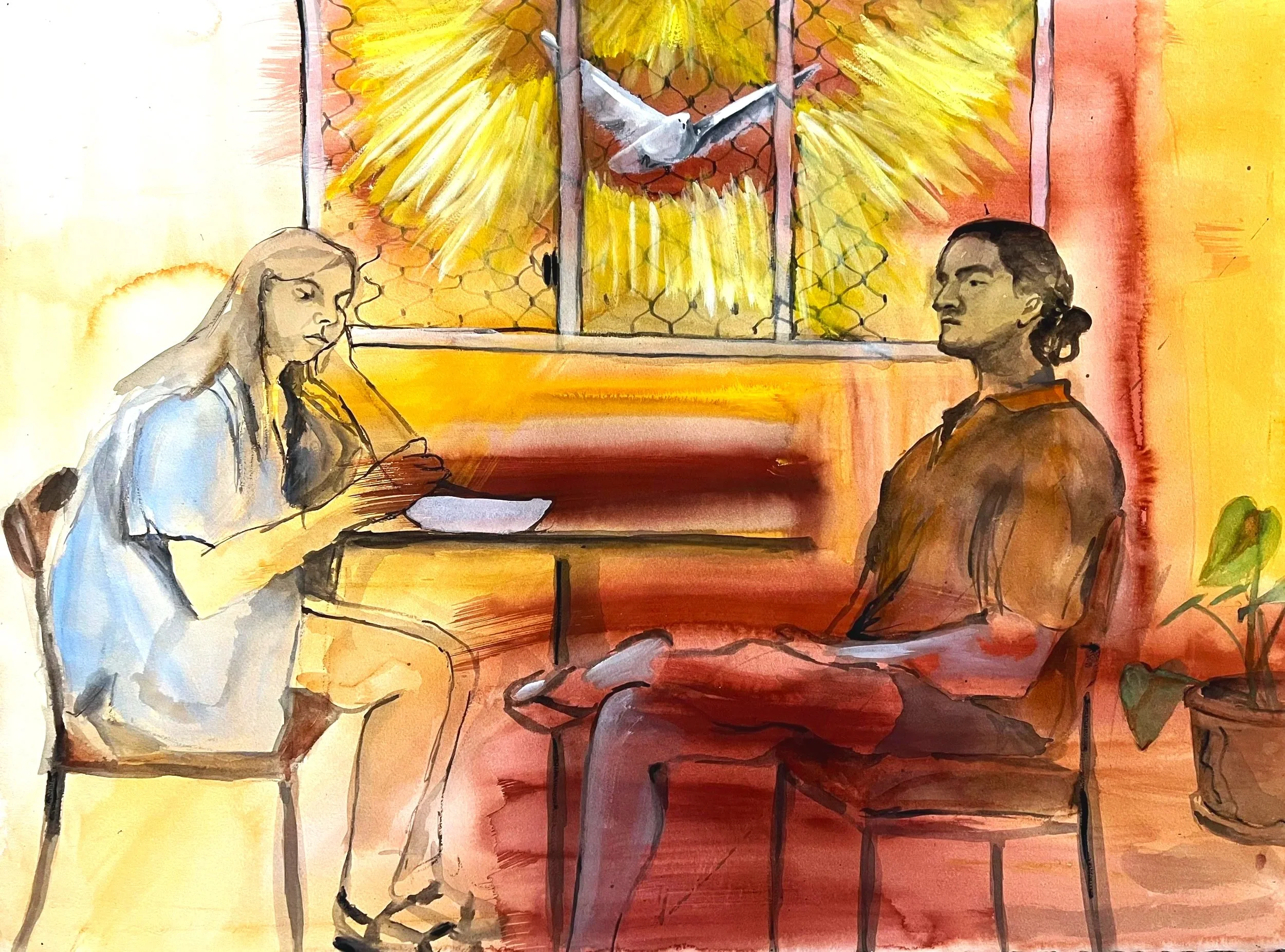 A Peace Too Gently Tapping (Melbourne Sharehouse); 2024, Watercolour on paper, 56.3 x 76.4cm, $950 (framed)