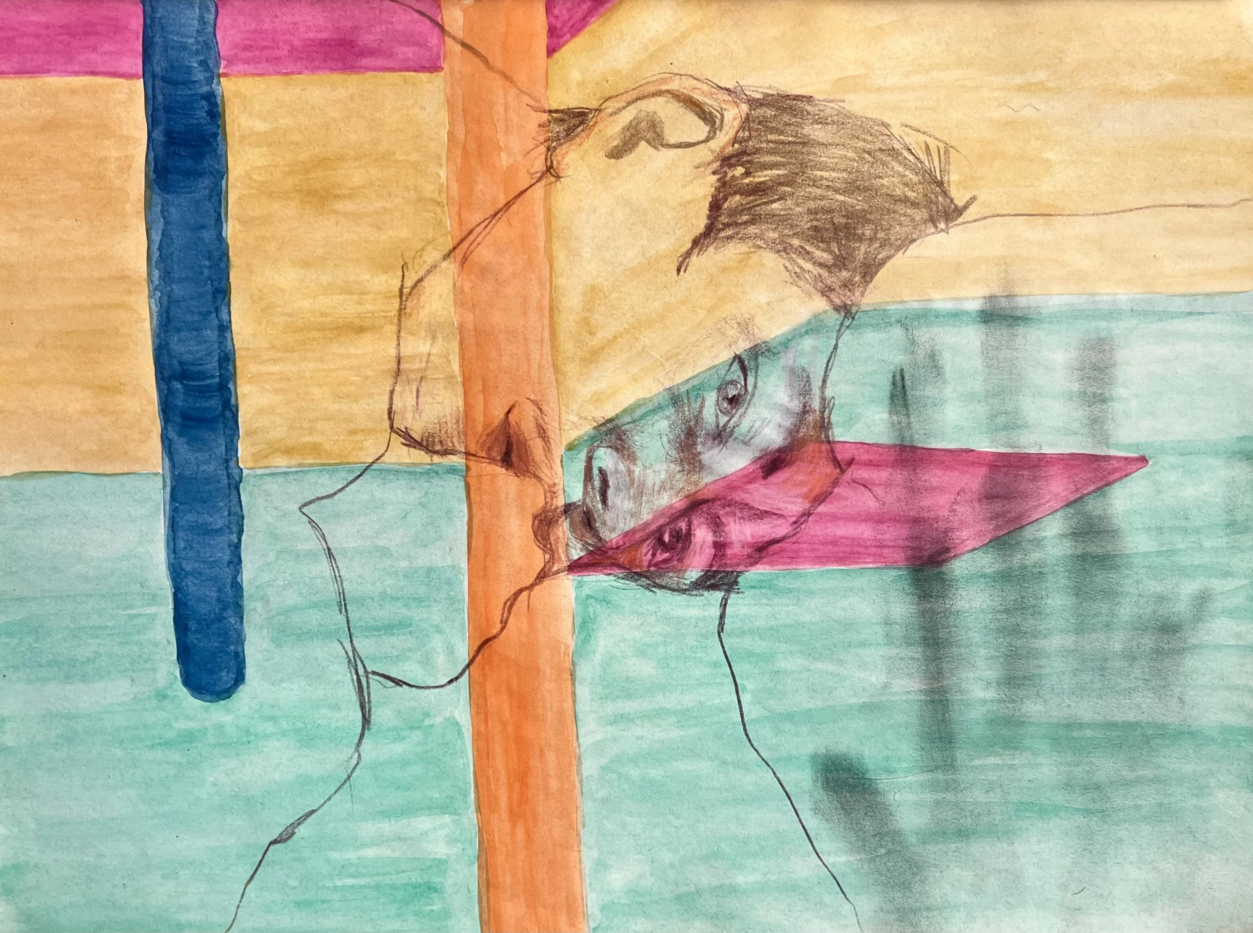 We Are Not Alone, 2025, Watercolour and coloured pencil on paper, 21.5 x 28cm