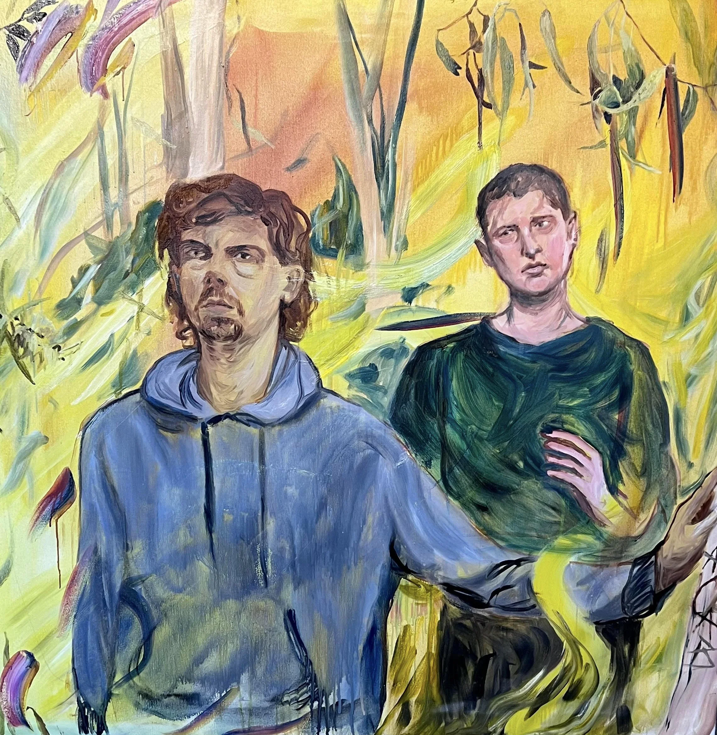 Bushwalk - Discussing the "Alt Right"; 
2023, Oil on canvas, 117 x 115 cm, $4,000 