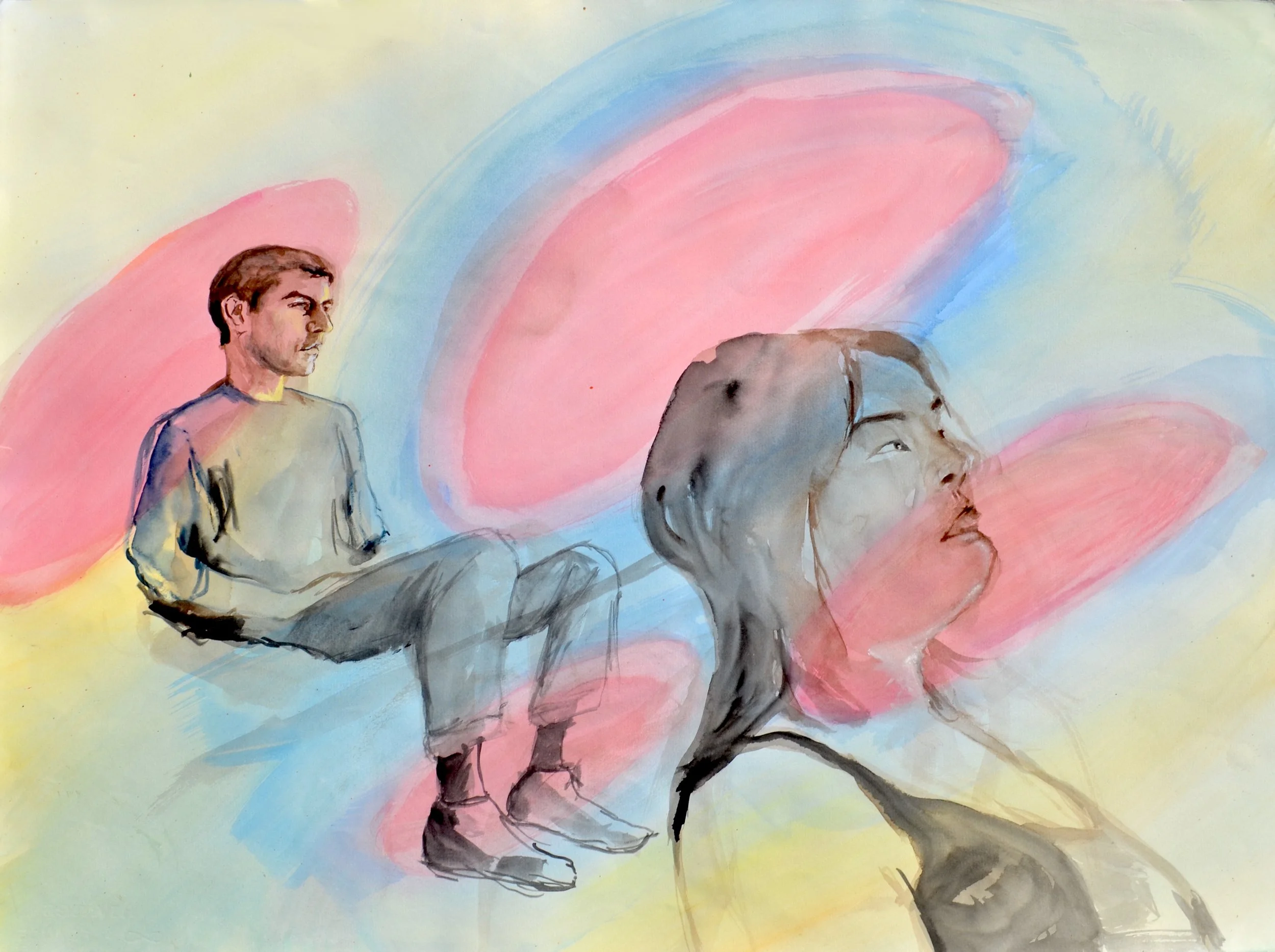 Commute; Pink and Blue; 2019, Watercolour on paper, 56.6 x 76.7cm, $550  