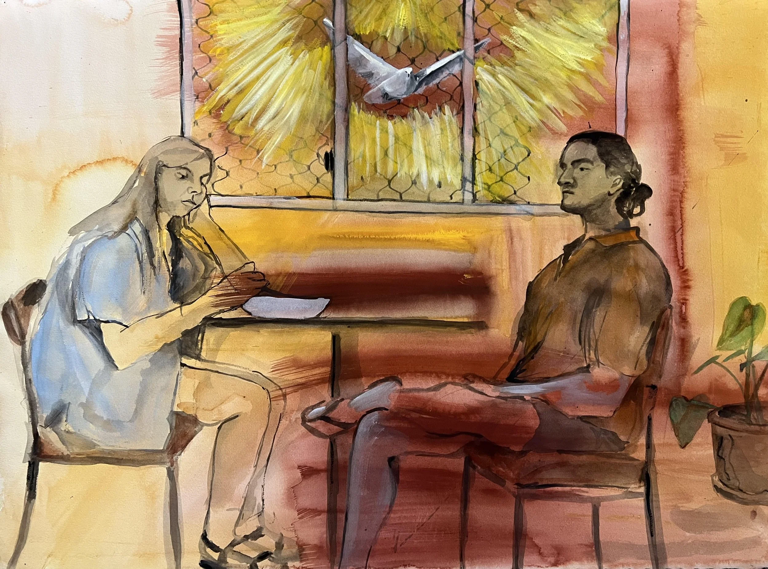 A Peace Too Gently Tapping (Melbourne Sharehouse); 2024, Watercolour on paper, 56.9 x 76.7cm, $950 (framed)