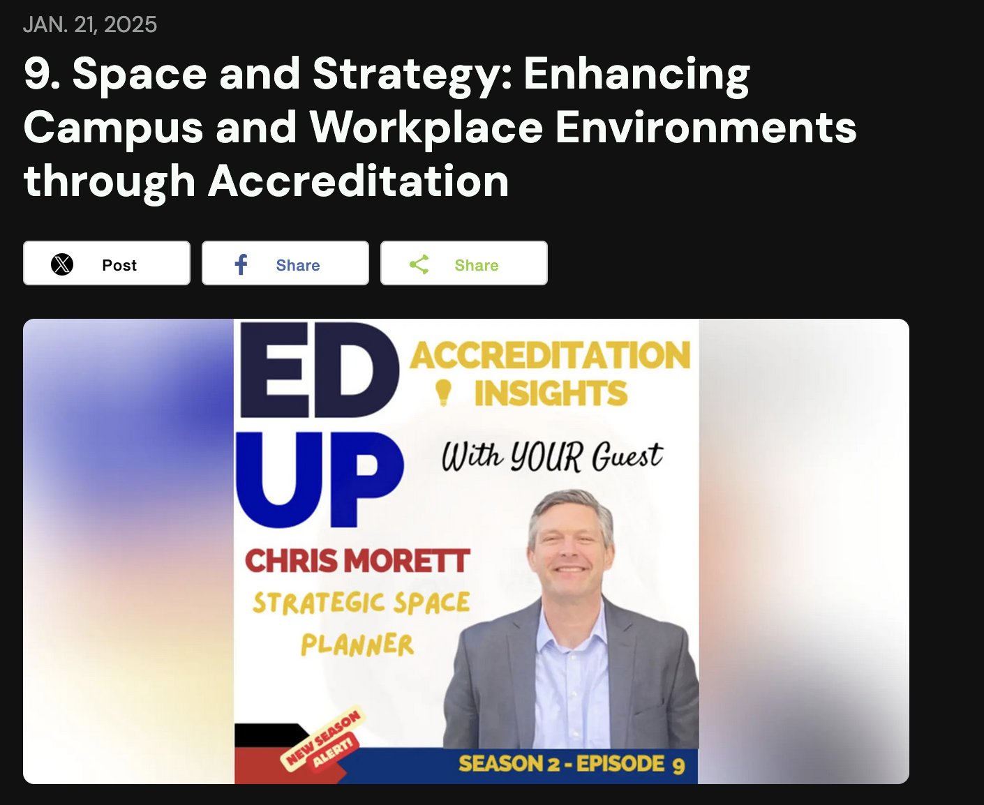 Chris Morett discussed how the accreditation process could help support campus planning when he was a guest on the EdUp Accreditation Insights podcast with Laurie Shanderson.