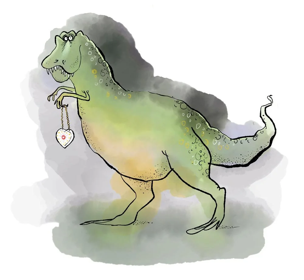  Illustration of a bemused TRex dinsosaur holding a heart shaped handbag 