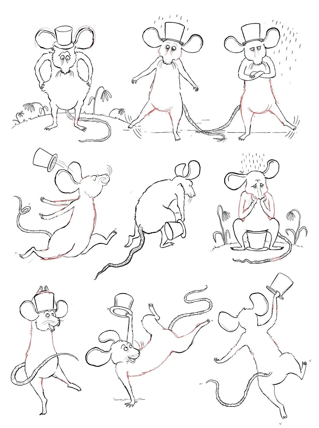 character studies of a mouse wearing a top hat and showing an array of different expression and poses