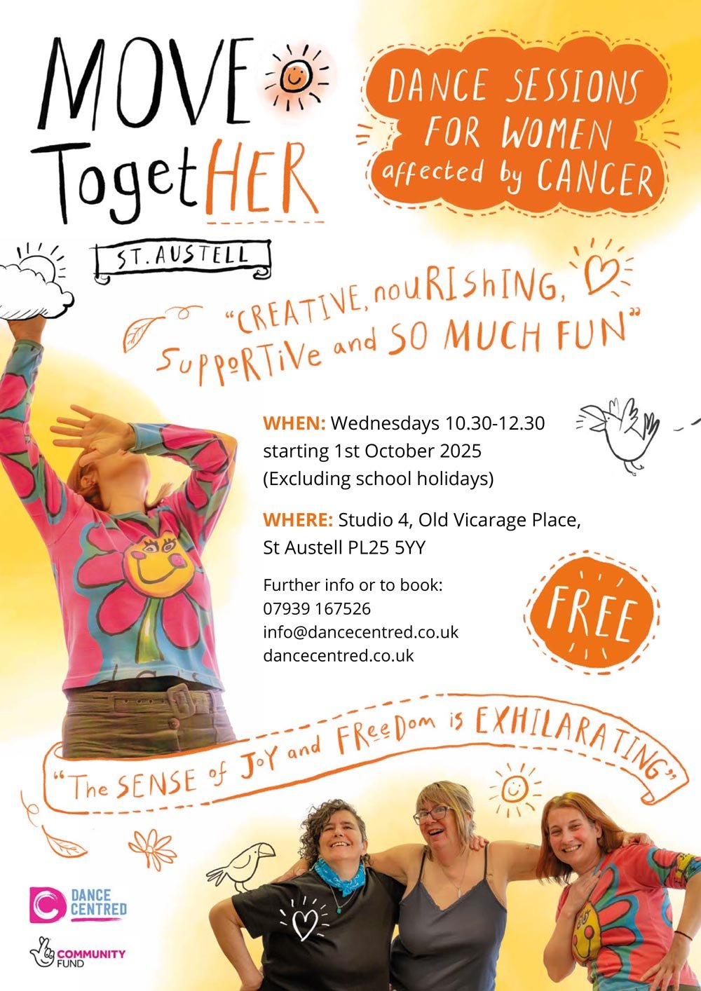 A poster advertising expressive dance classes for women with cancer in St Austell Cornwall