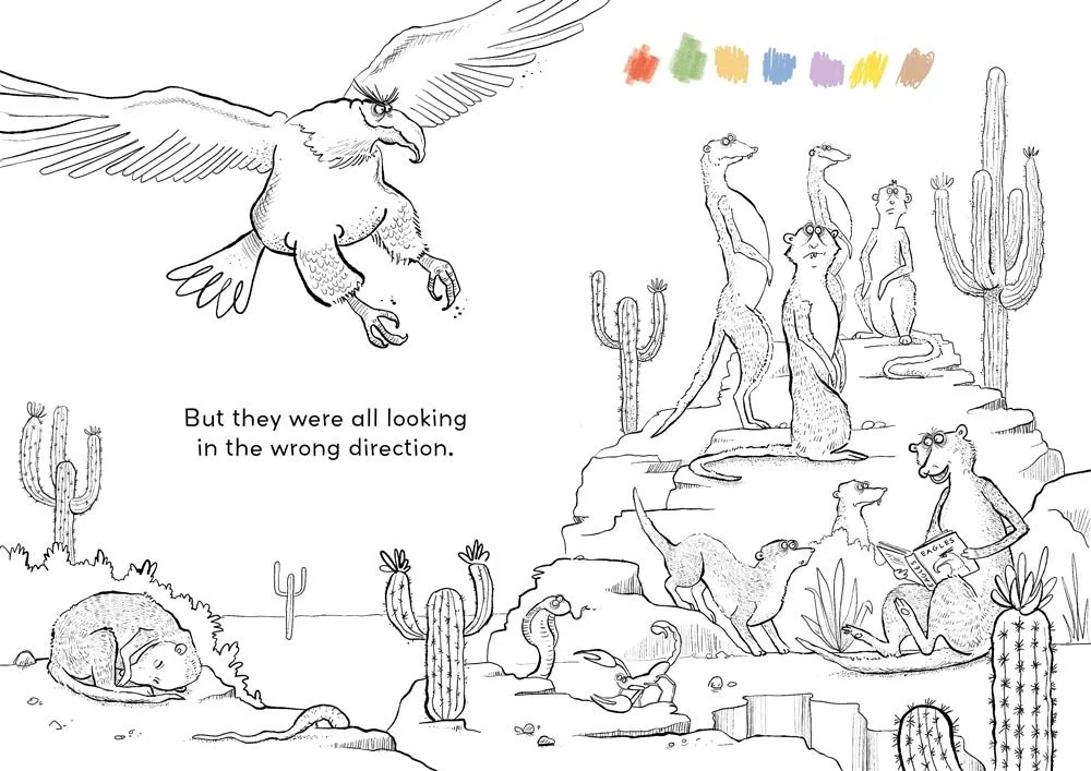  An ink drawing of an eagle swooping in on some unsuspecting meerkats 