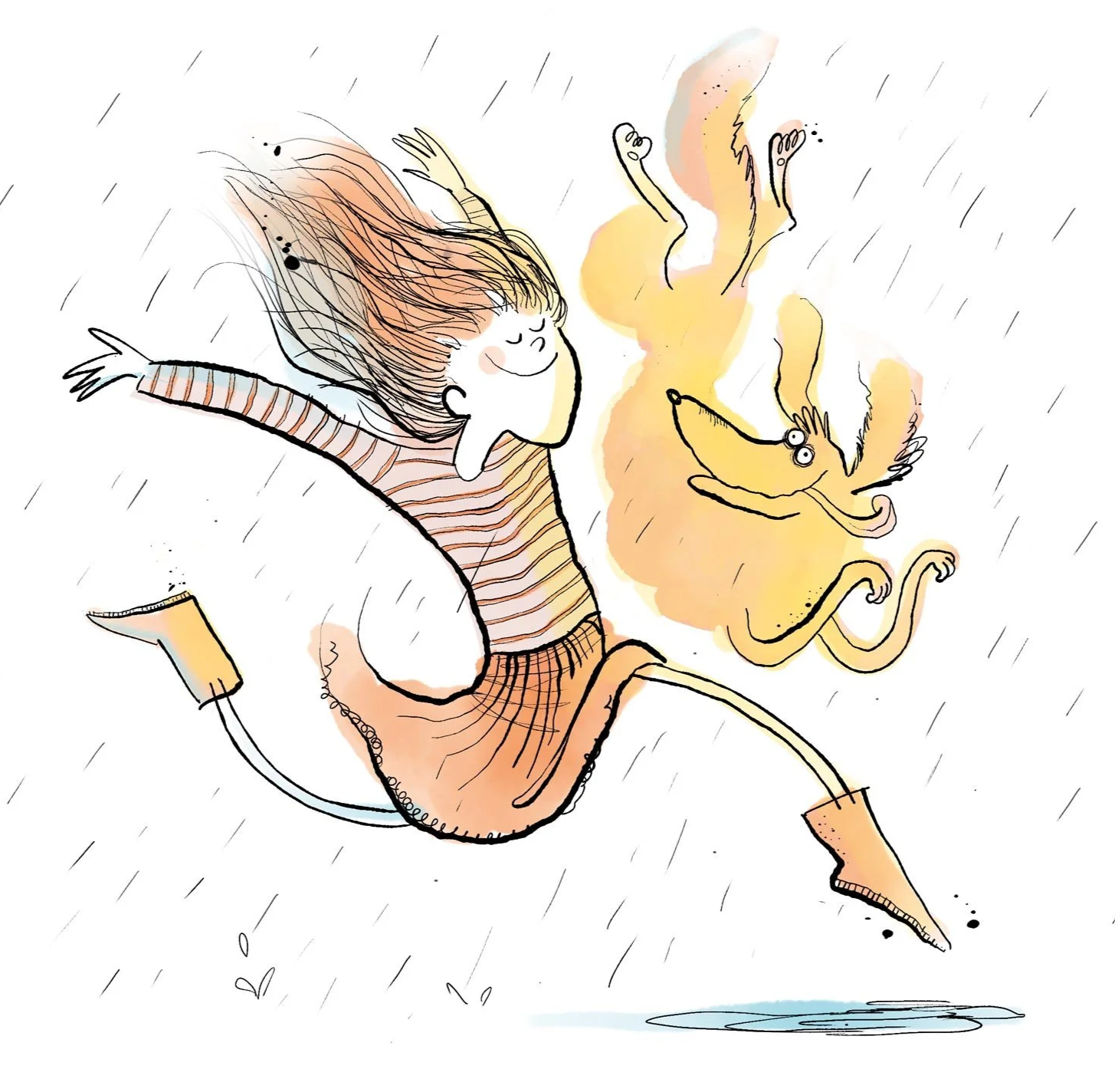  illustration of a girl in a pink dress running next to a happy yellow dog in the rain 