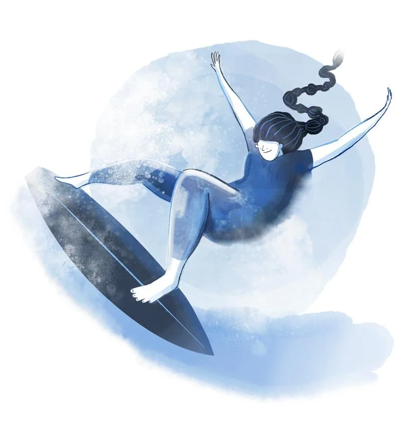  A watercolour illustration of a woman surfing with long plaited hair 