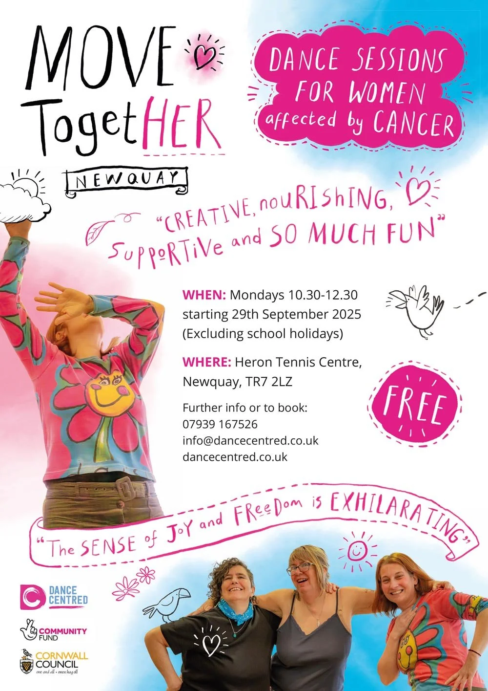 A poster advertising expressive dance classes for women with cancer in Newquay Cornwall