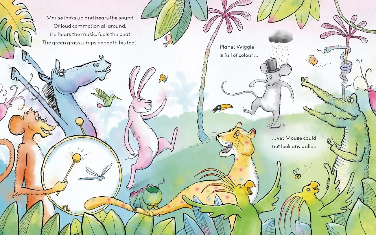 an illustration of a cgroup of colourful jungle animals and a bewildered grey mouse in a top hat