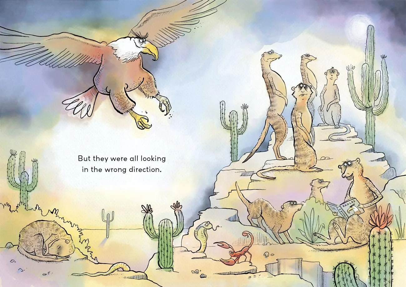 comedic illustration of an eagle swooping down on unaware meerkats