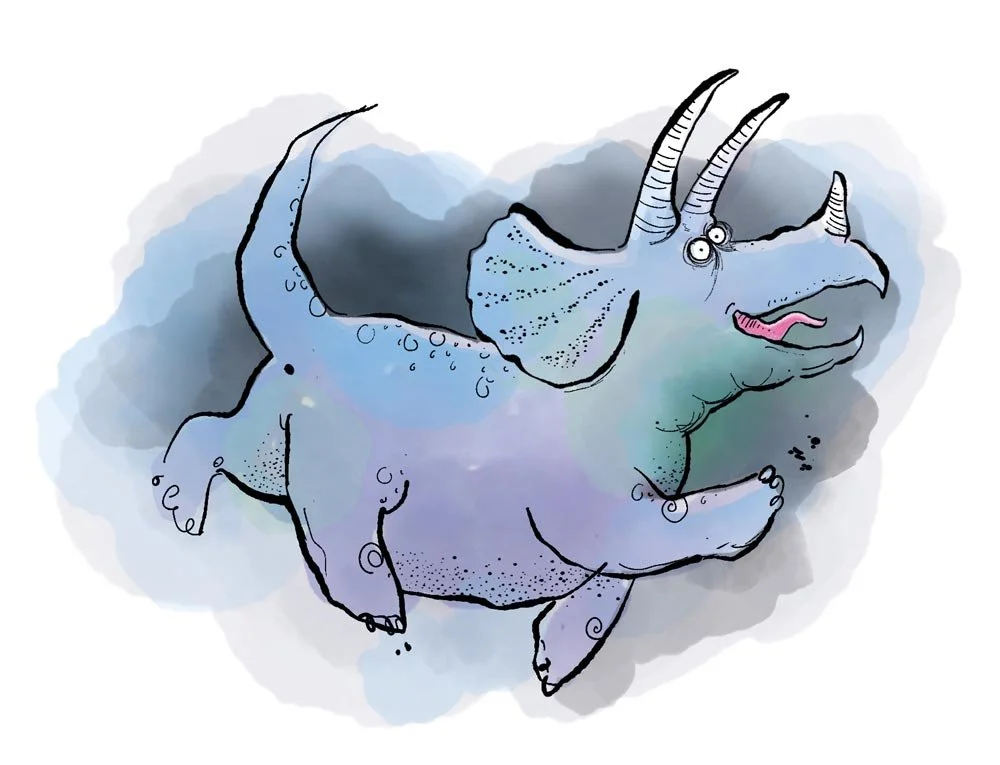  watercolour Illustration of happy blue triceratops dinosaur 