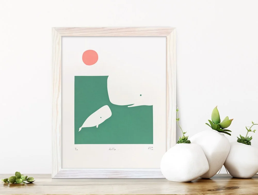 Framed screen print image of a mummy and baby whale print by Heather Allen