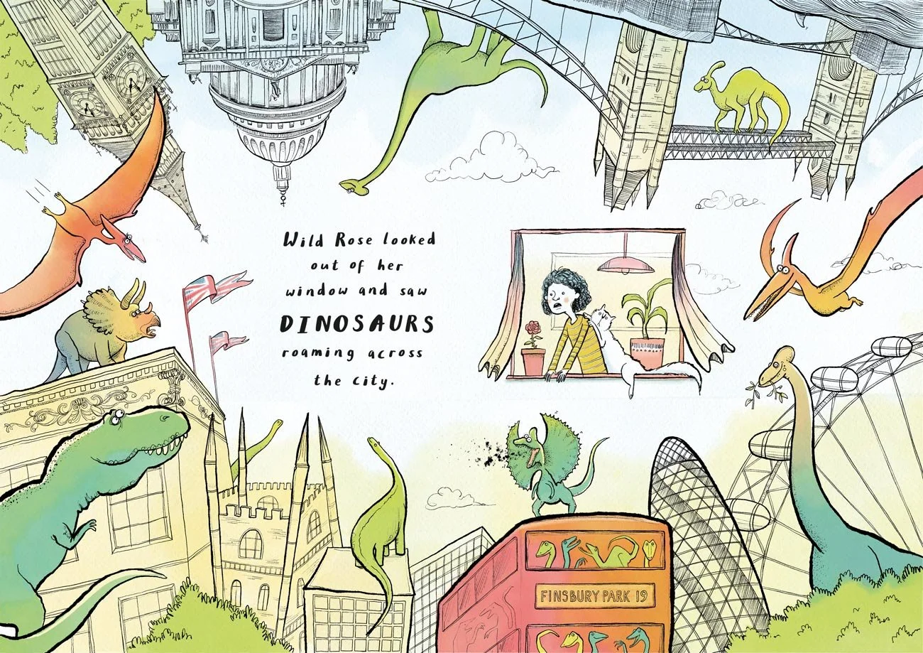 Comedic illustration of a dinosaurs standing on London buildings buses and bridges