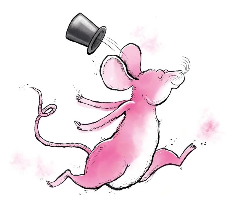 illustration of a pink mouse running with his top hat falling off