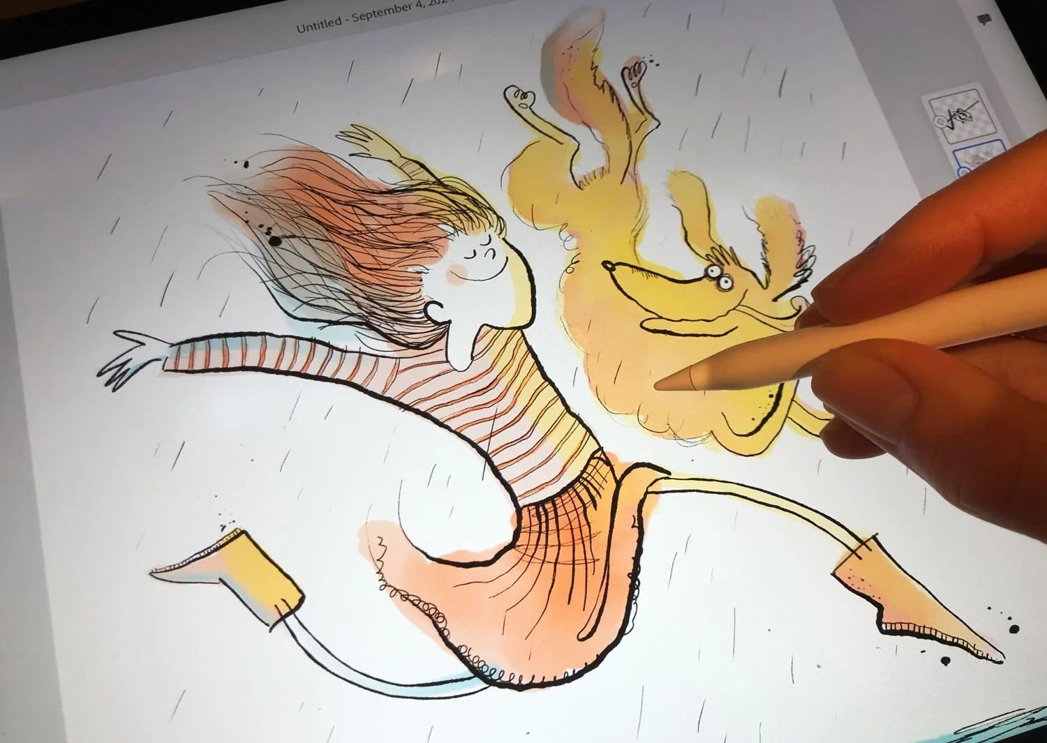 <img src="girl-rillustration of a girl in a pink dress running next to a happy yellow dog in the rain