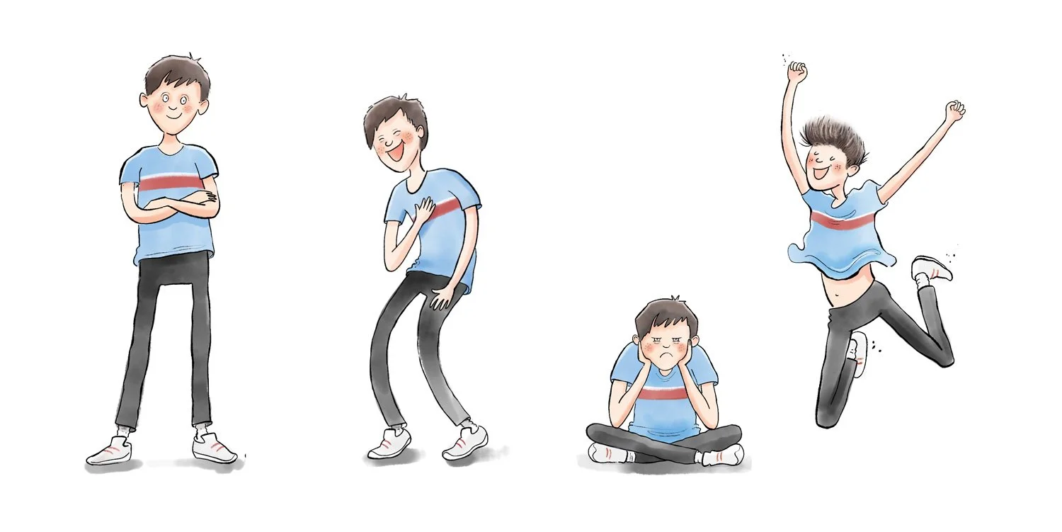 watercolour character study of a teenage boy looking happy sad and angry